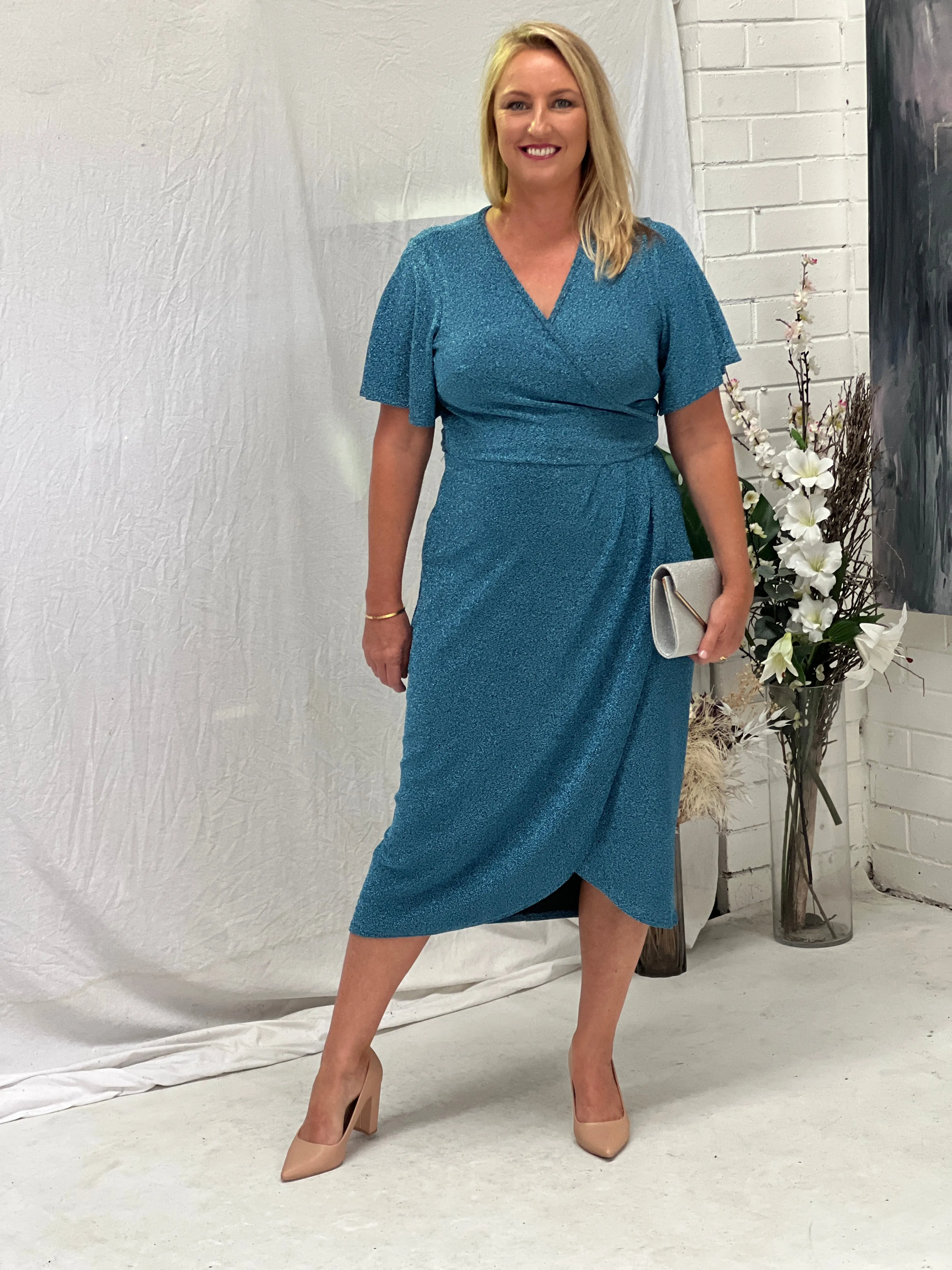 Barbara Aqua Glitter Wrap Dress