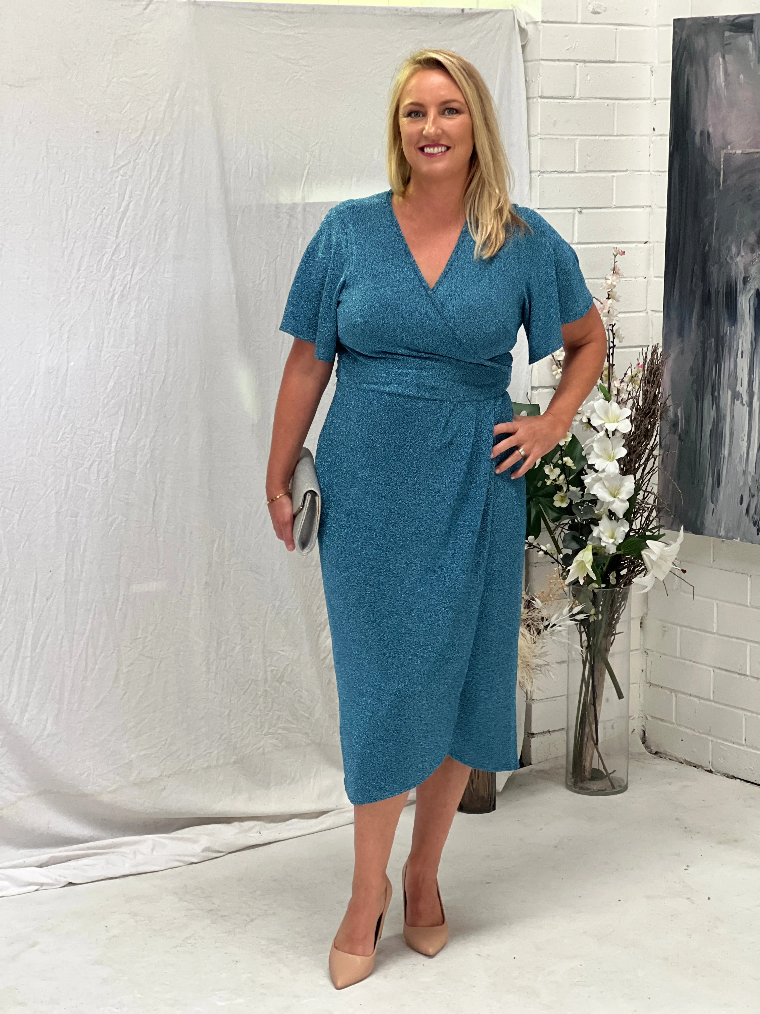 Barbara Aqua Glitter Wrap Dress