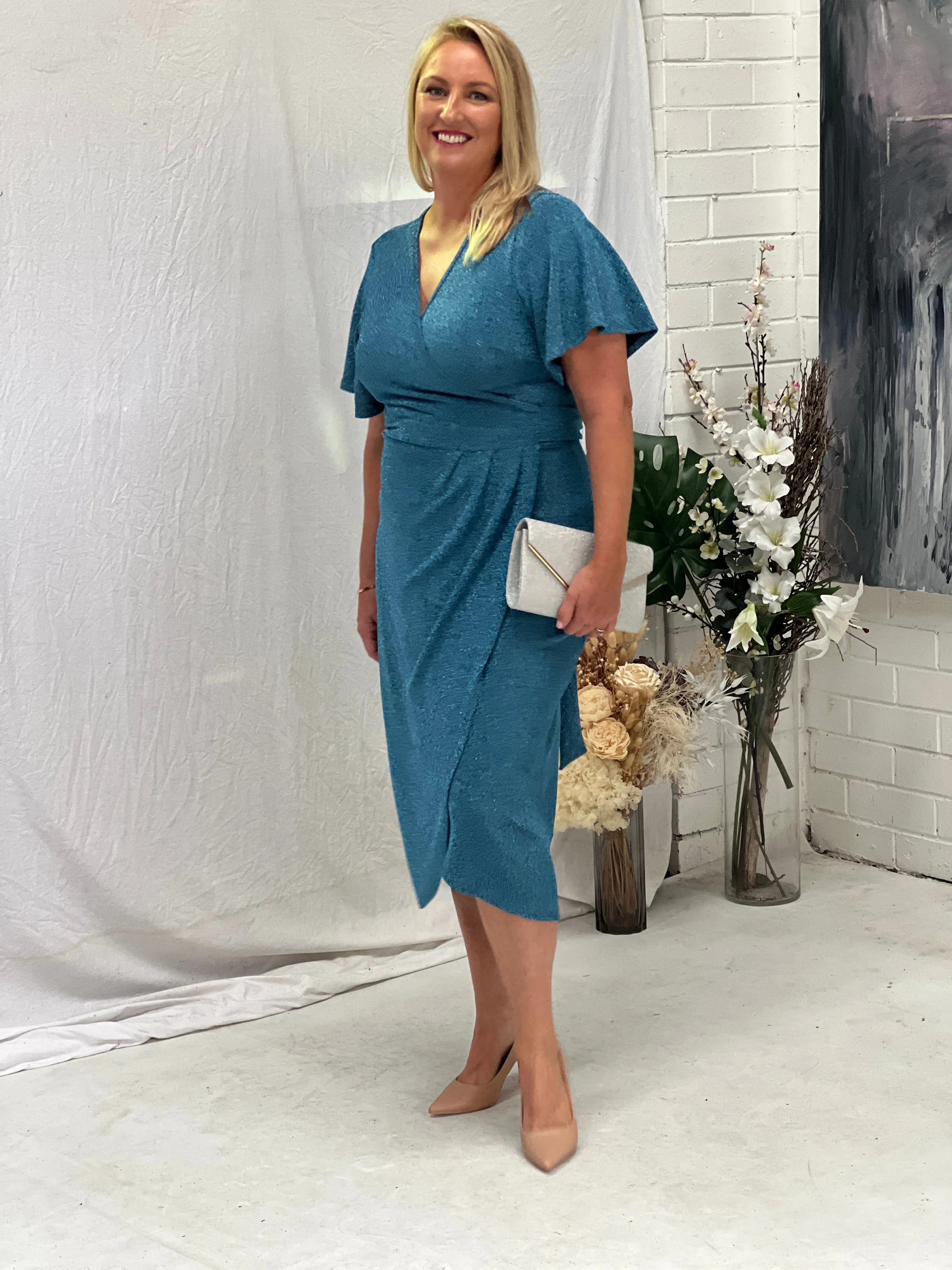 Barbara Aqua Glitter Wrap Dress