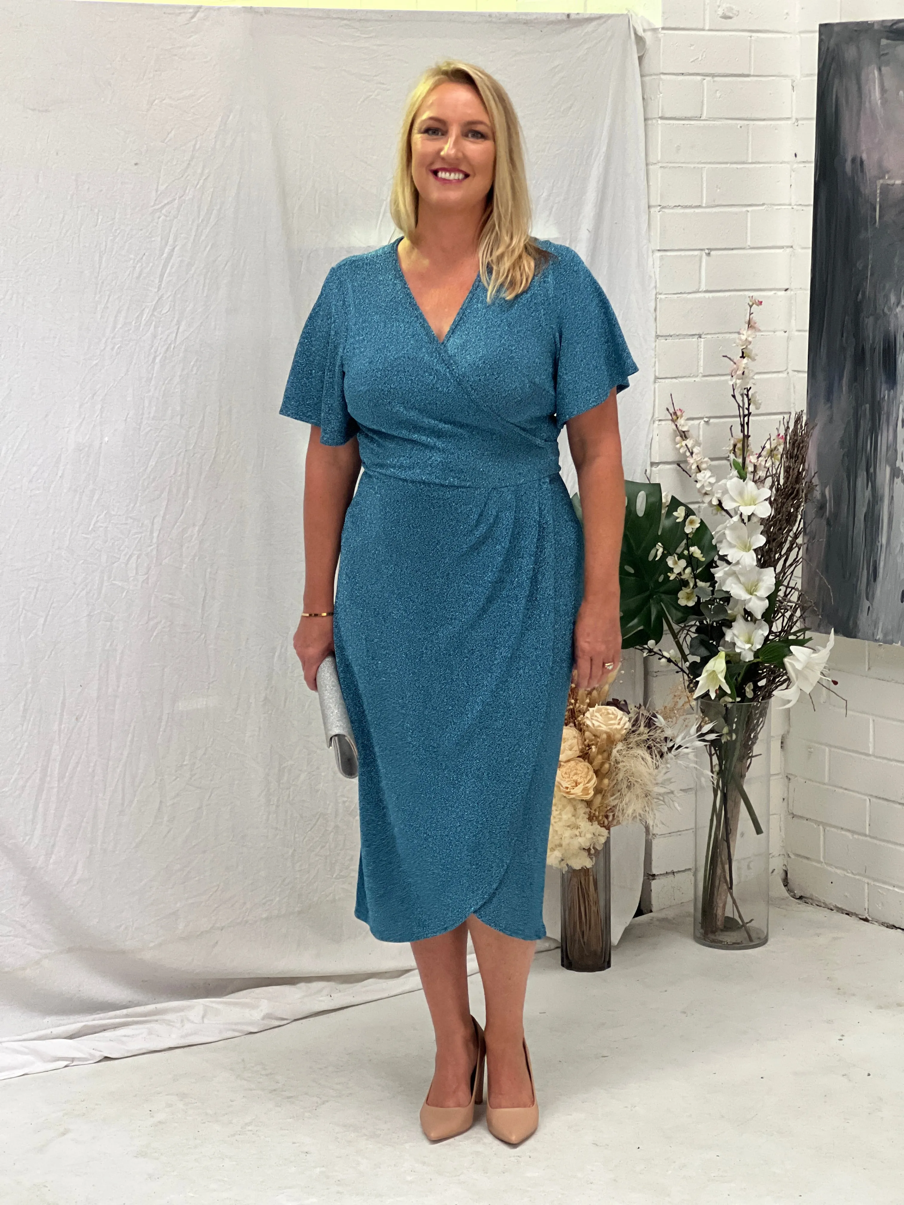 Barbara Aqua Glitter Wrap Dress