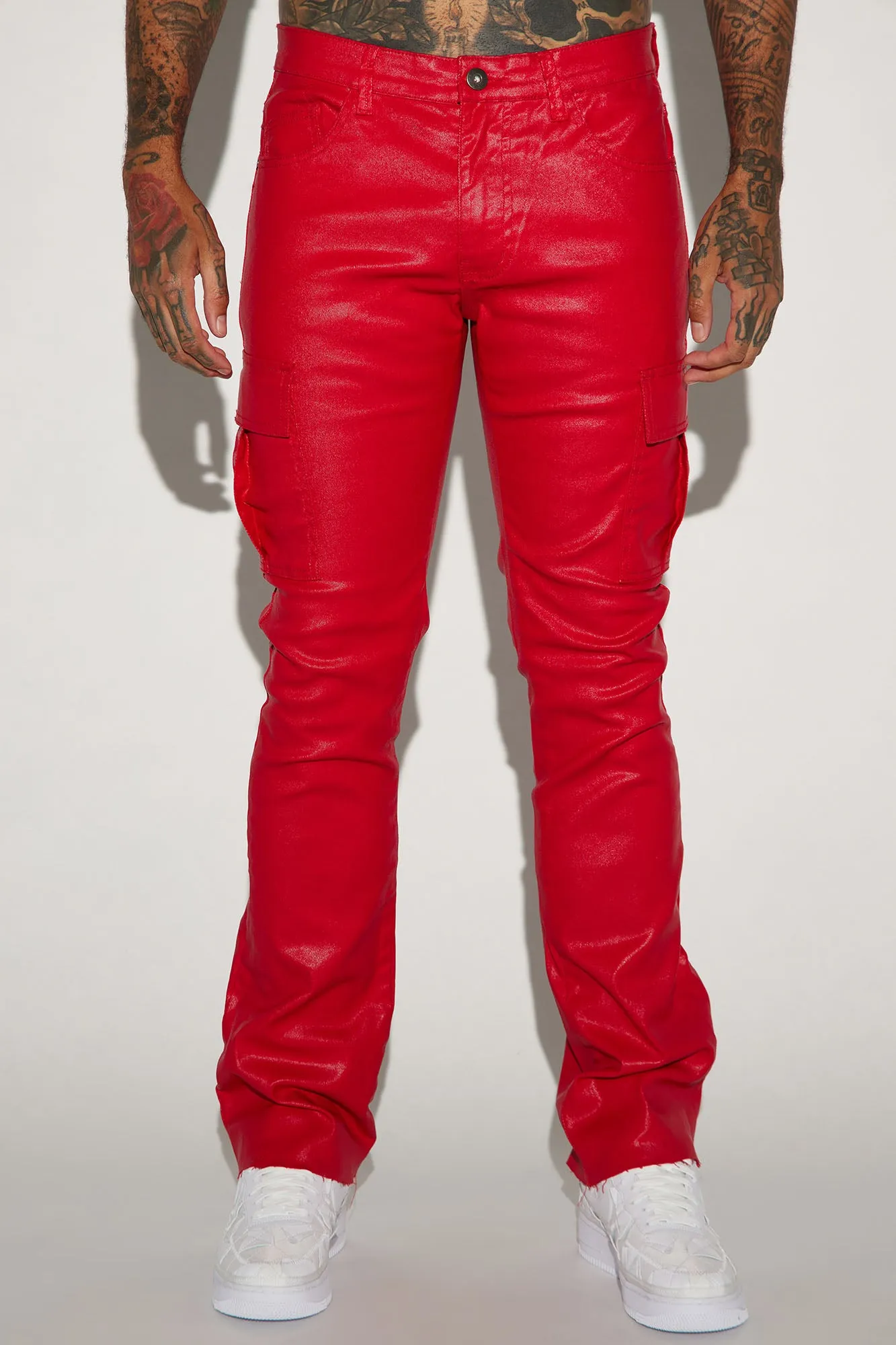 Better Be Cargo Waxed Skinny Flared Pants - Red