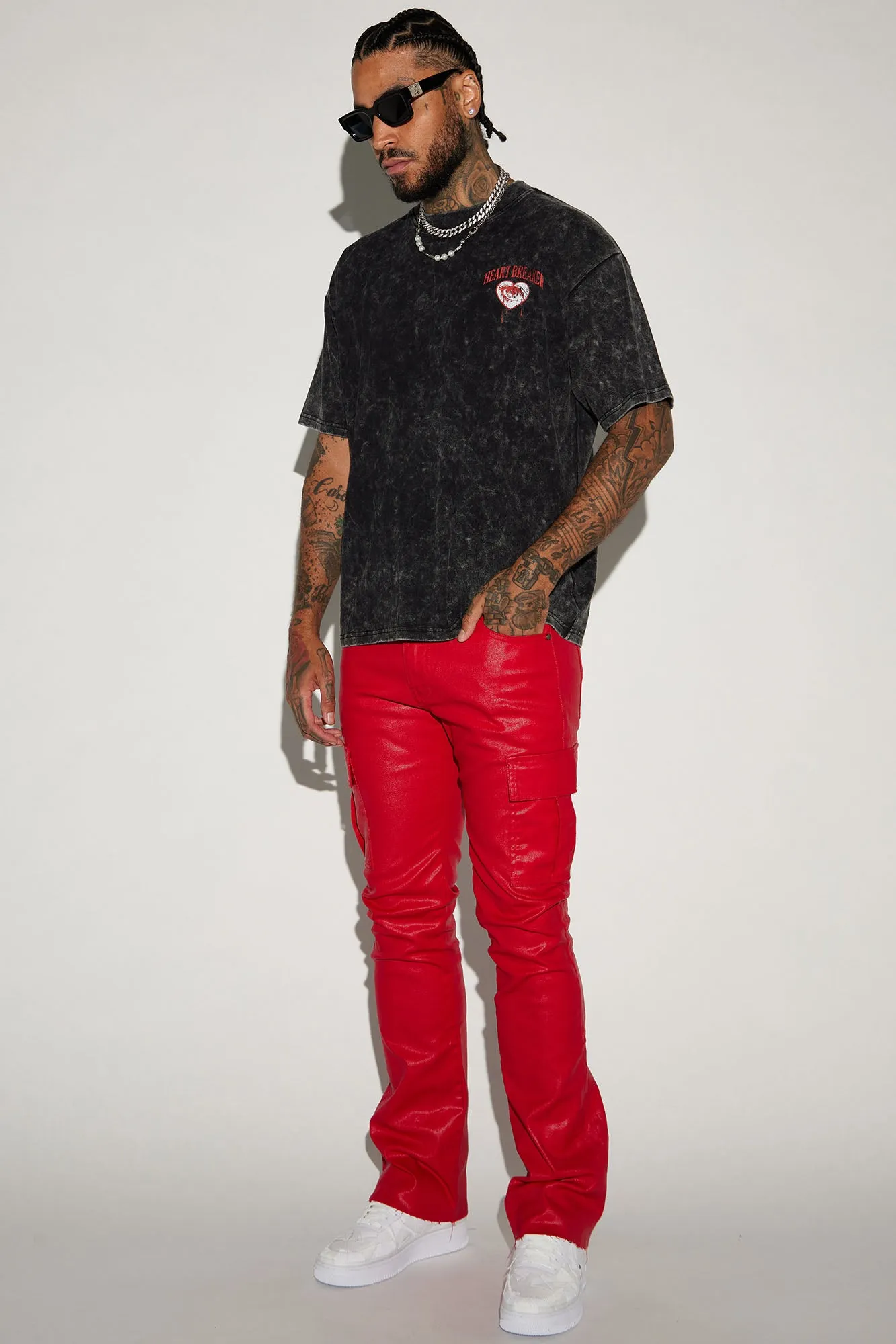 Better Be Cargo Waxed Skinny Flared Pants - Red