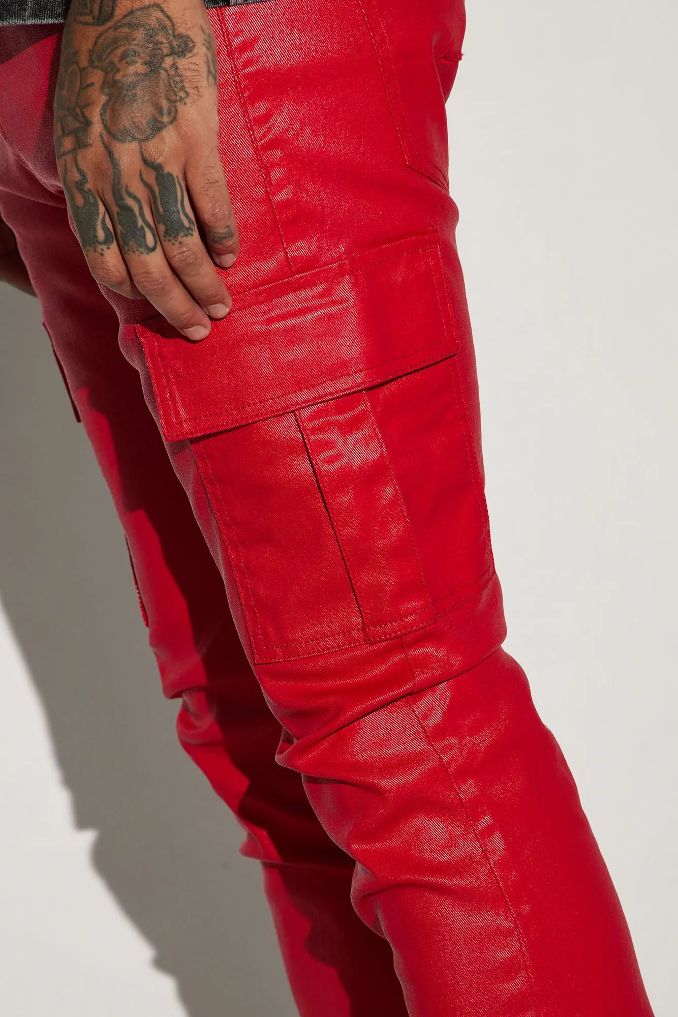 Better Be Cargo Waxed Skinny Flared Pants - Red