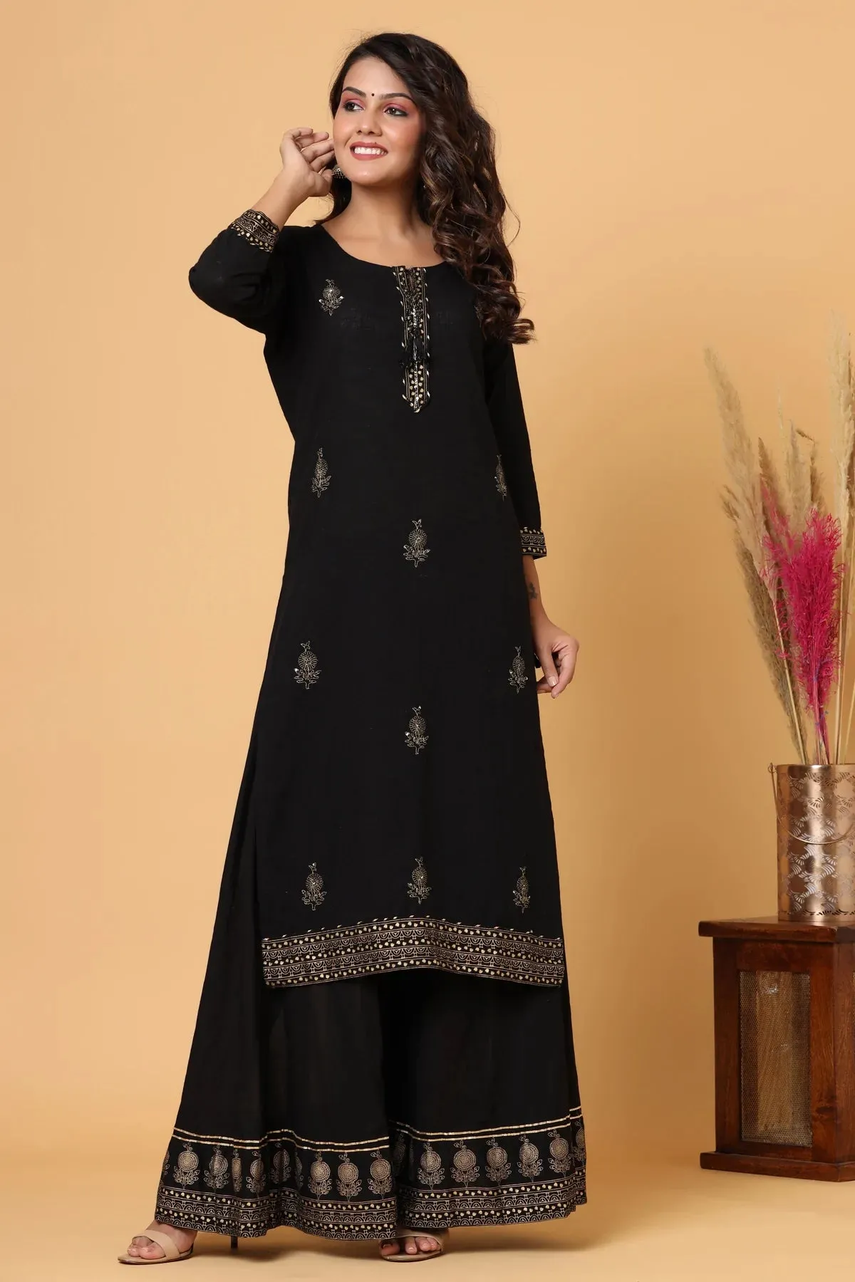 Black Silk Embellished & Embroidered Sharara Set with Dupatta