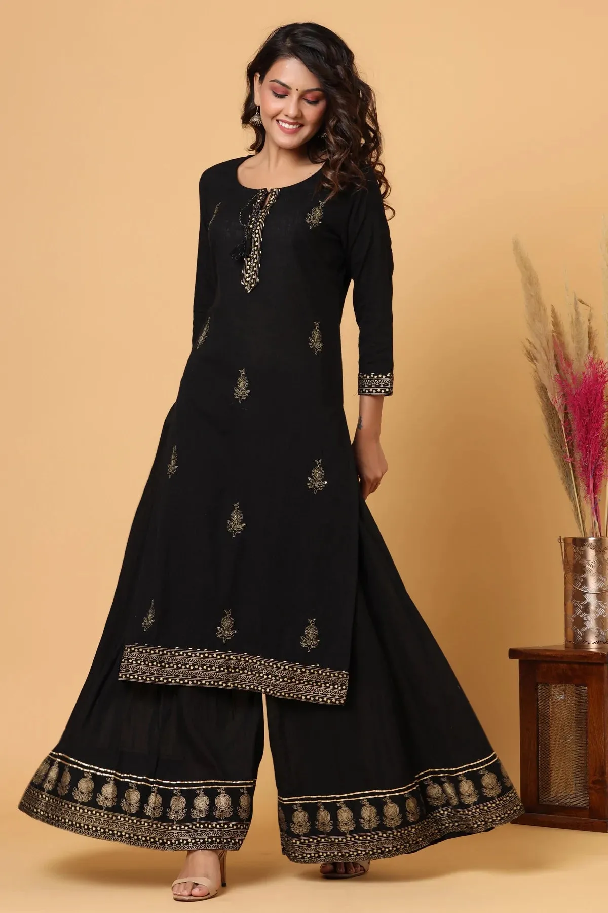 Black Silk Embellished & Embroidered Sharara Set with Dupatta