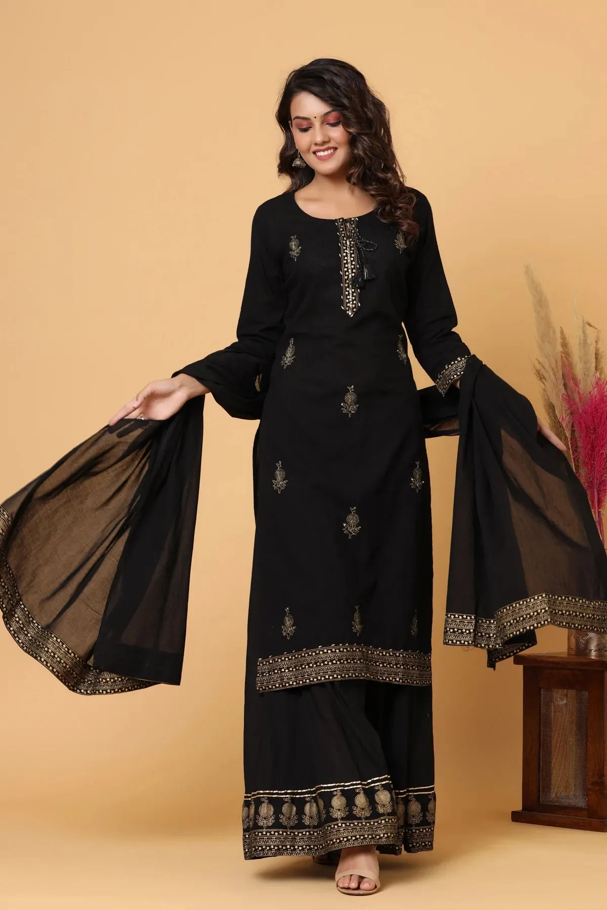 Black Silk Embellished & Embroidered Sharara Set with Dupatta