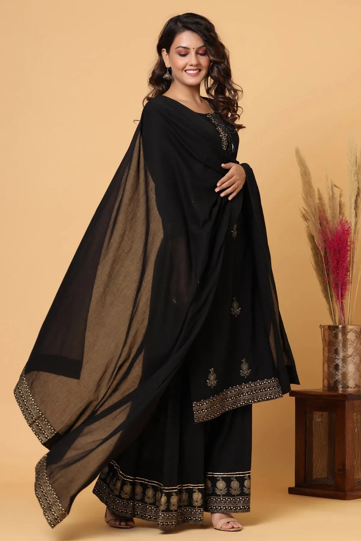 Black Silk Embellished & Embroidered Sharara Set with Dupatta