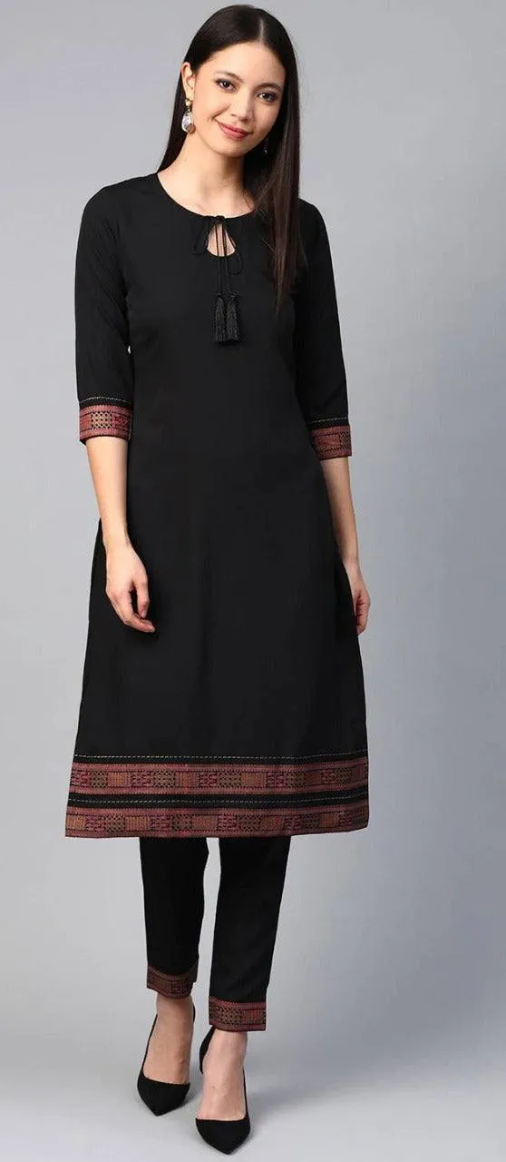 Black Straight Cut Kurta Pant Set in Crepe