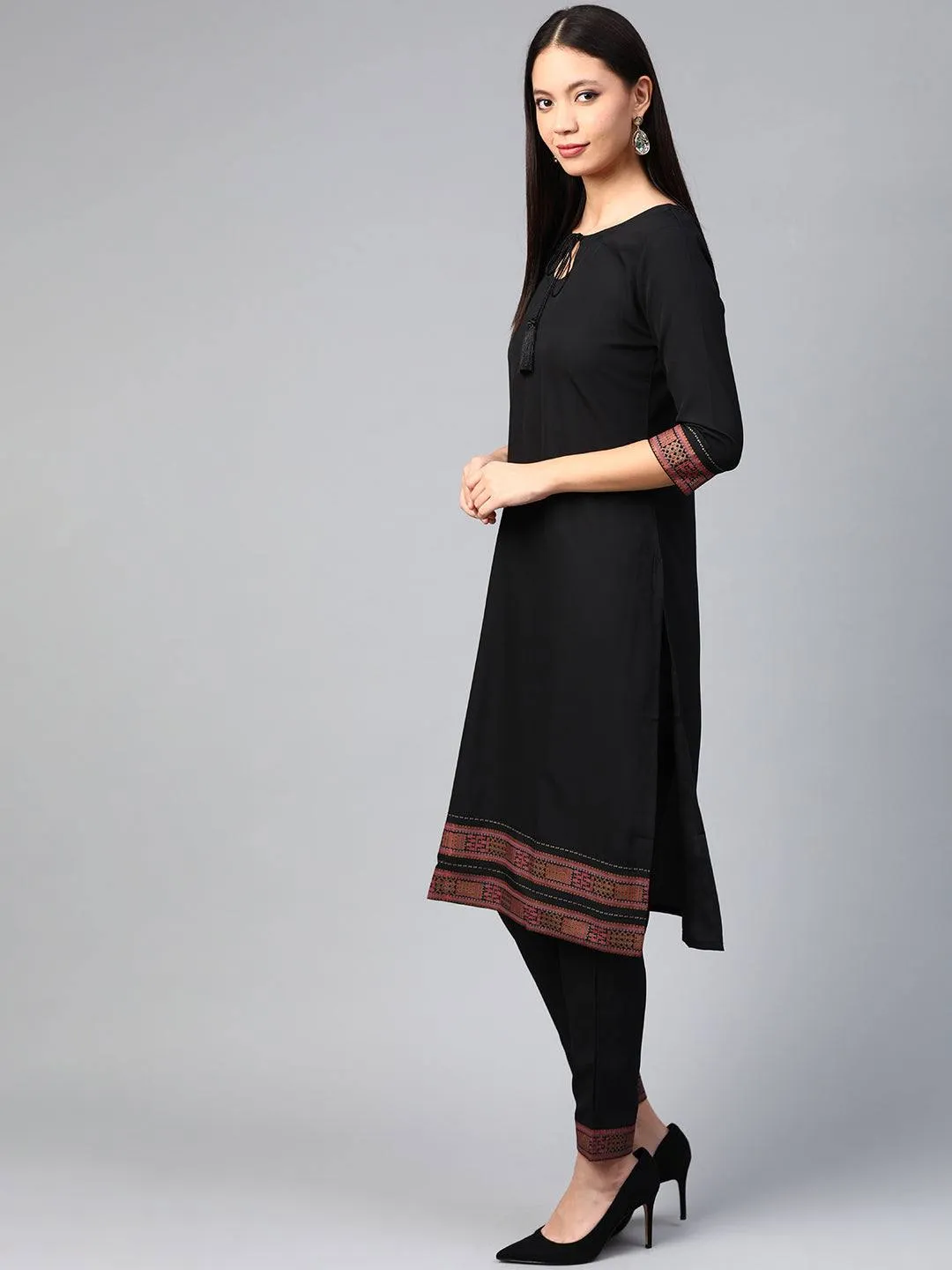 Black Straight Cut Kurta Pant Set in Crepe
