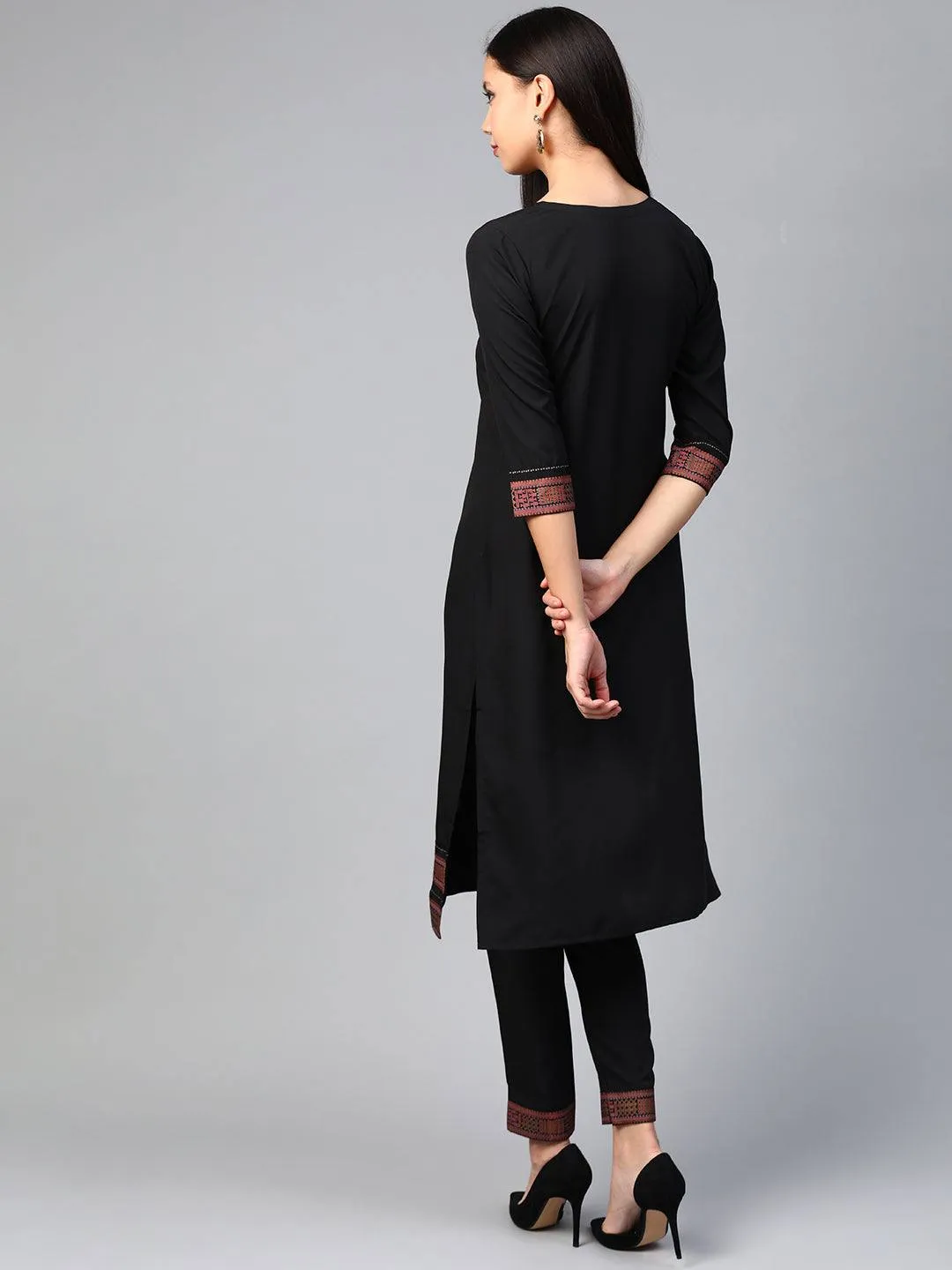 Black Straight Cut Kurta Pant Set in Crepe