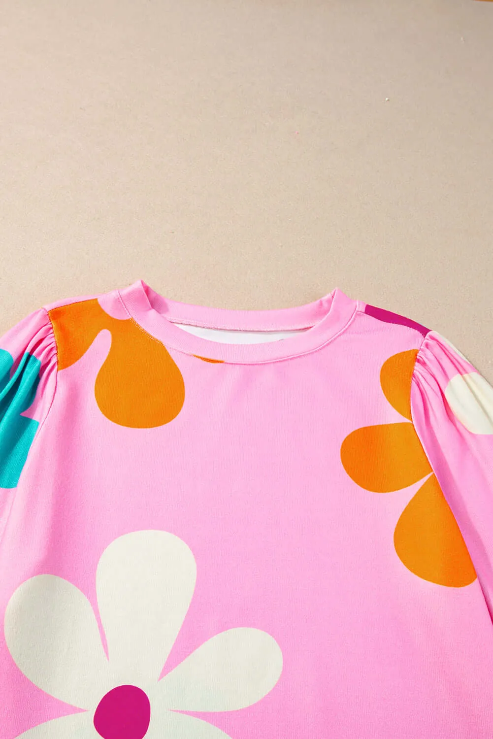 Blossom Beauty: Adorable Flower Print Ruched Bracelet Sleeve Top