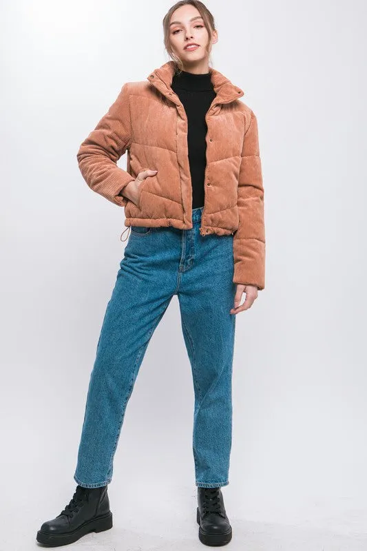 Bohemian Corduroy Puffer Jacket with Toggle Detail