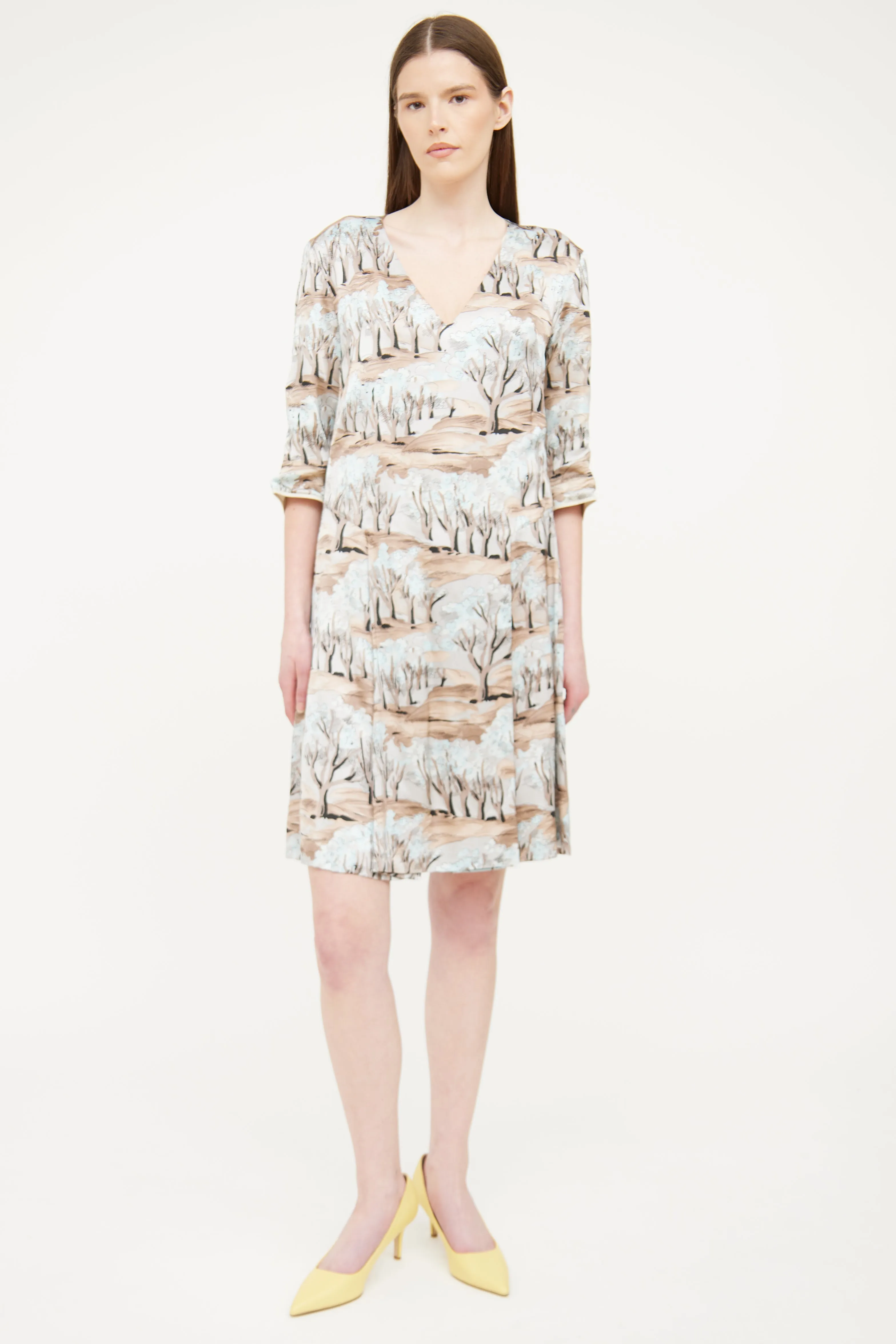 Brown Pleated Print Dress