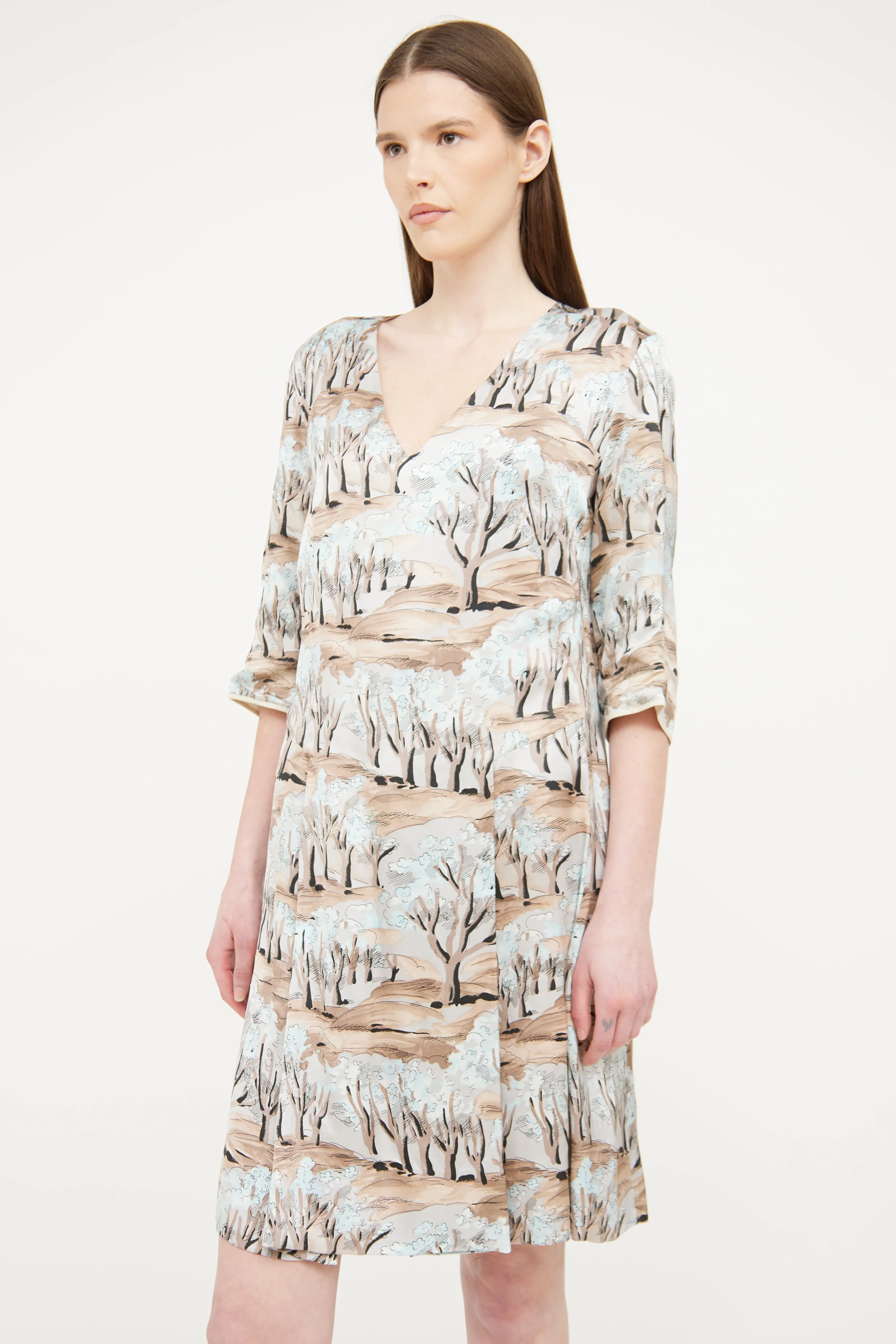 Brown Pleated Print Dress