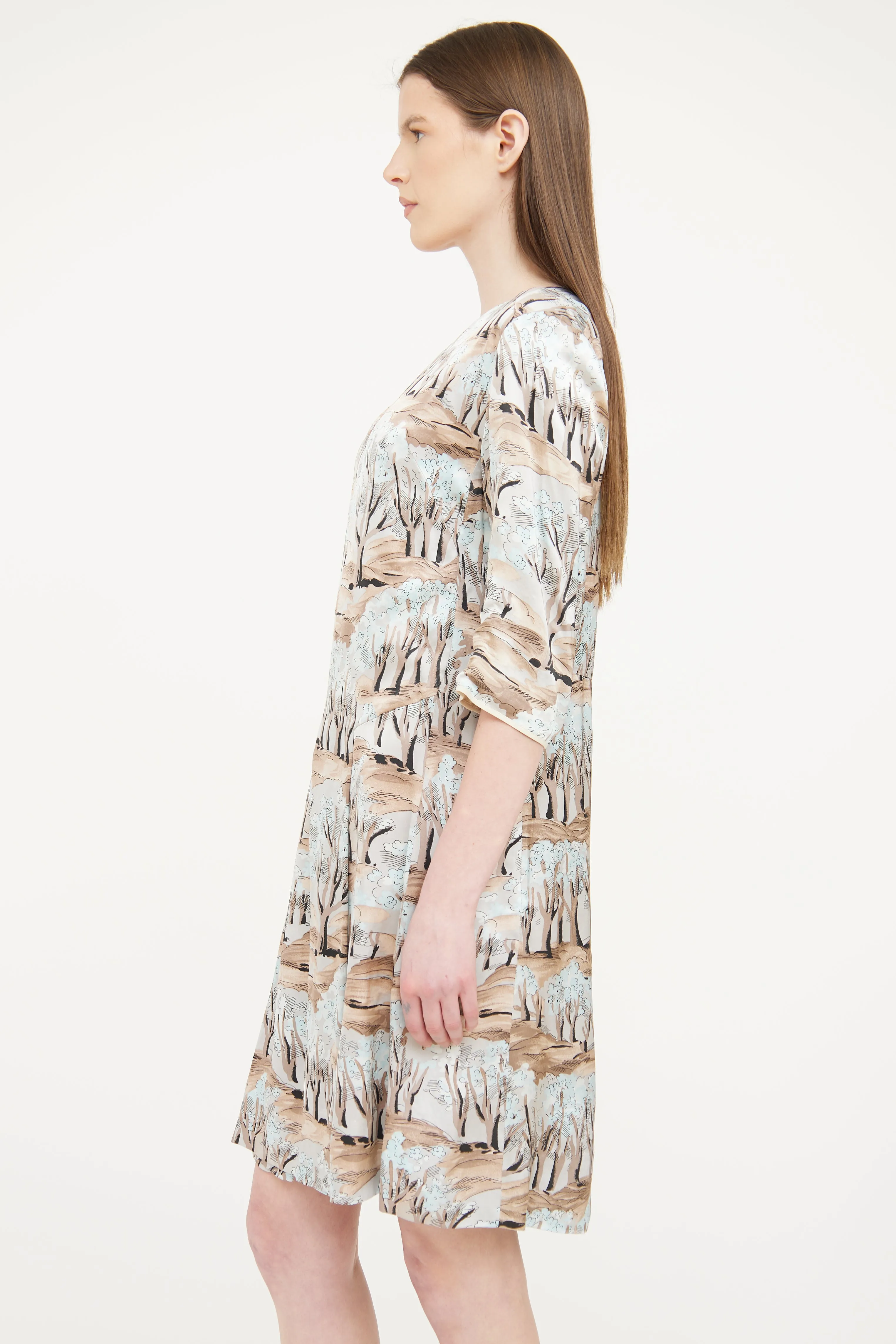 Brown Pleated Print Dress