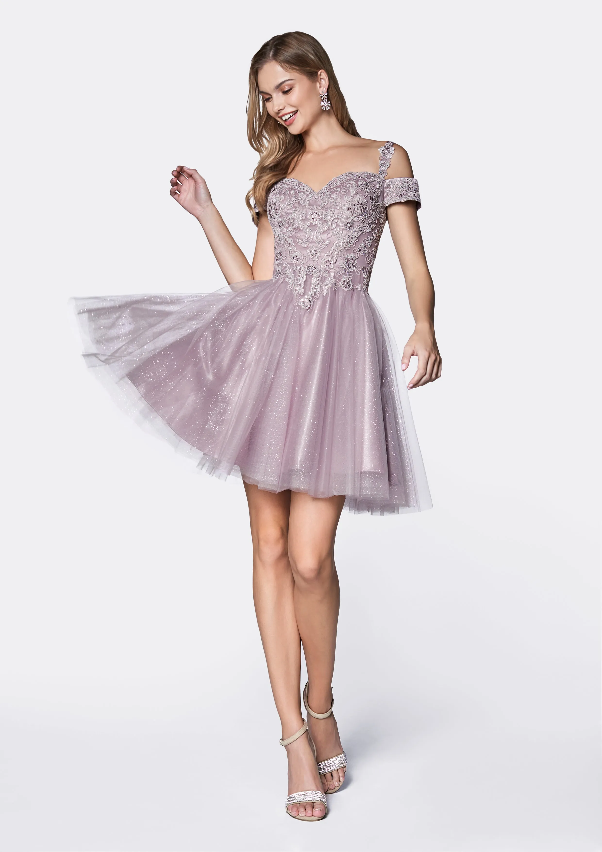 CINDERELLA DIVINE CD0132 Short Cold Shoulder Lace Cocktail Dress