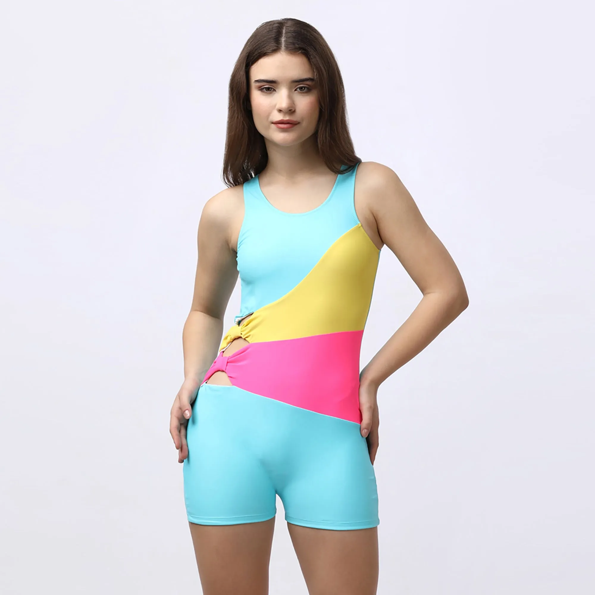 Colour Blocked Asymmetric Swimsuit with Bow Detailing-AQS-22