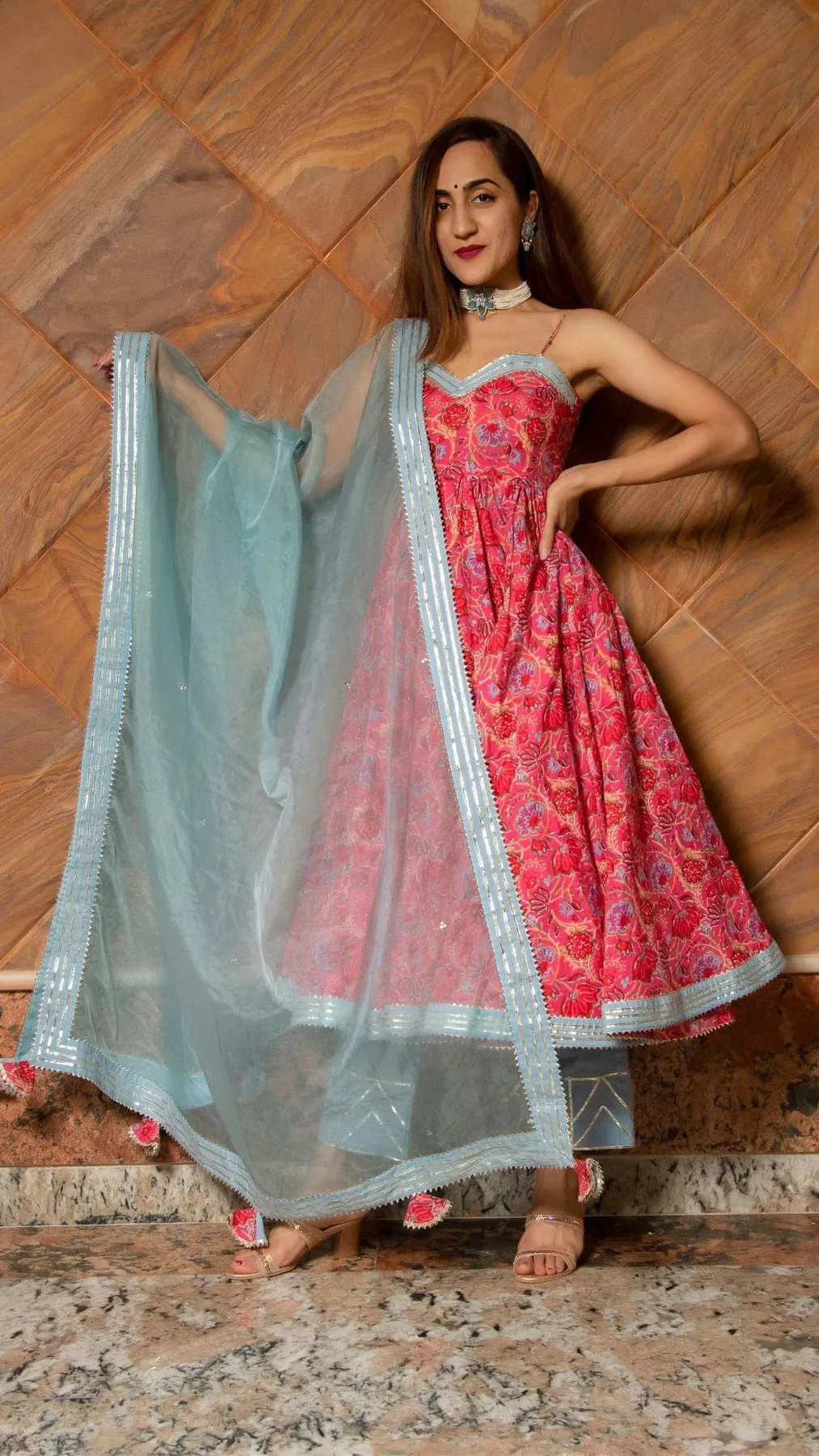 Cotton Pink Printed Anarkali Suit Set