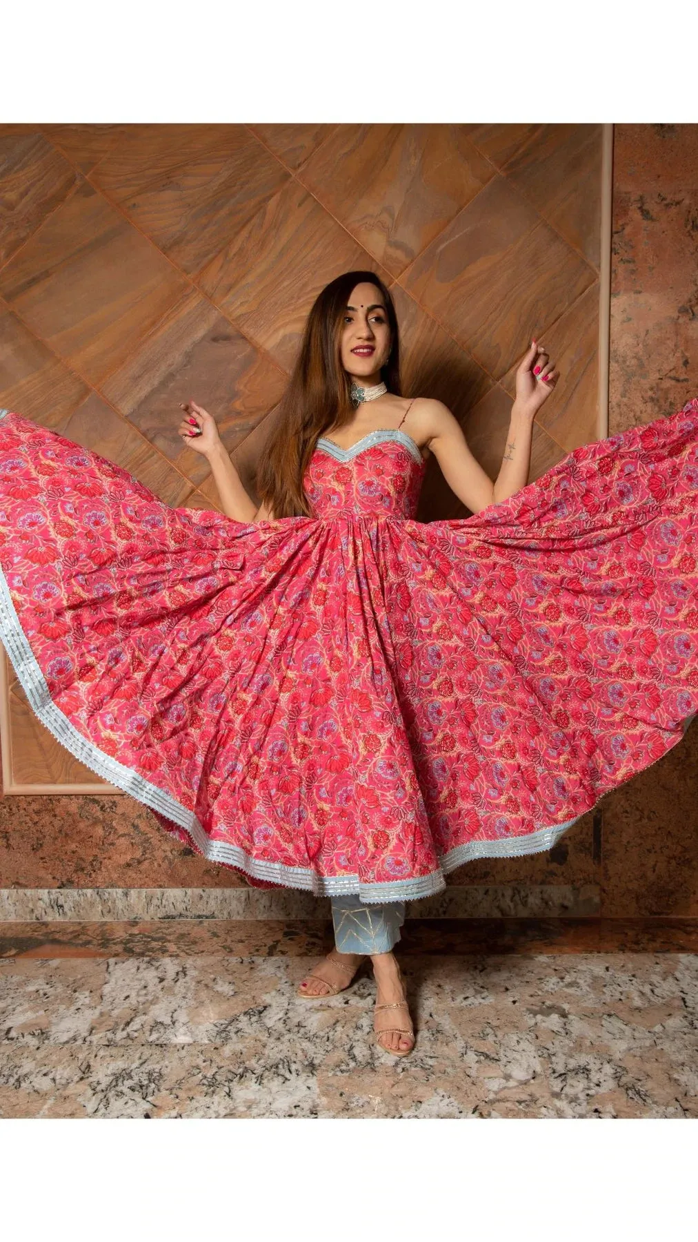 Cotton Pink Printed Anarkali Suit Set