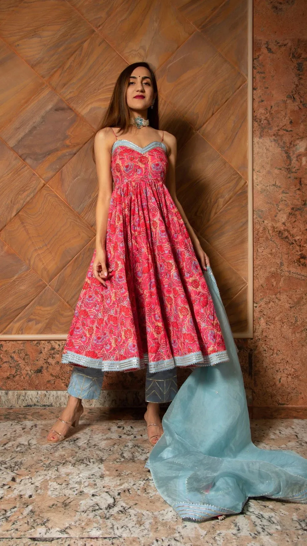 Cotton Pink Printed Anarkali Suit Set