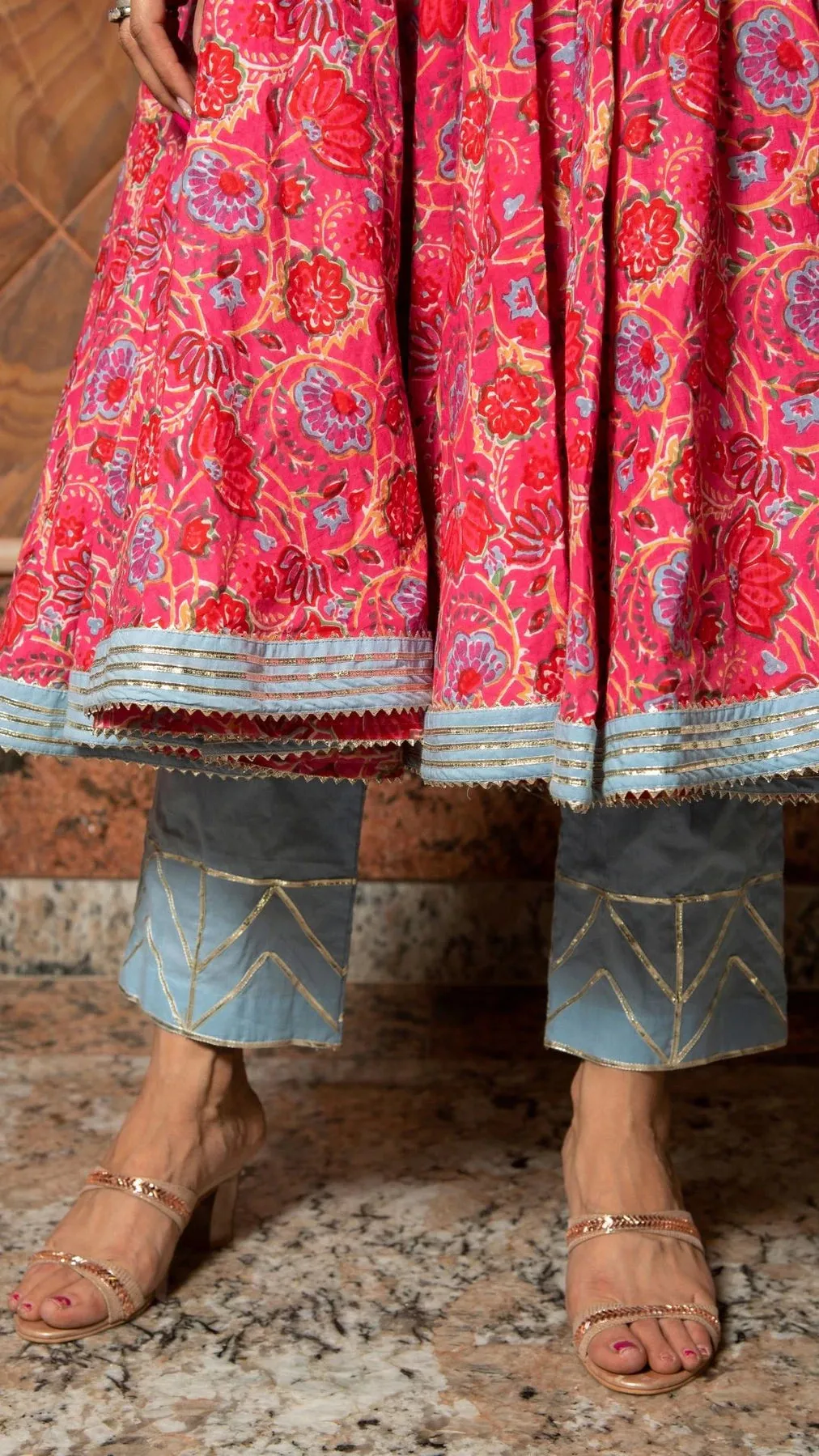 Cotton Pink Printed Anarkali Suit Set