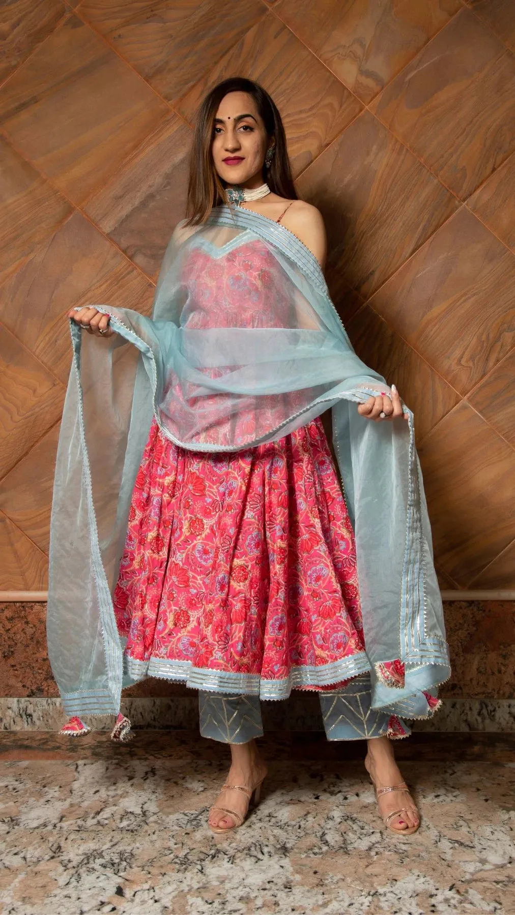 Cotton Pink Printed Anarkali Suit Set