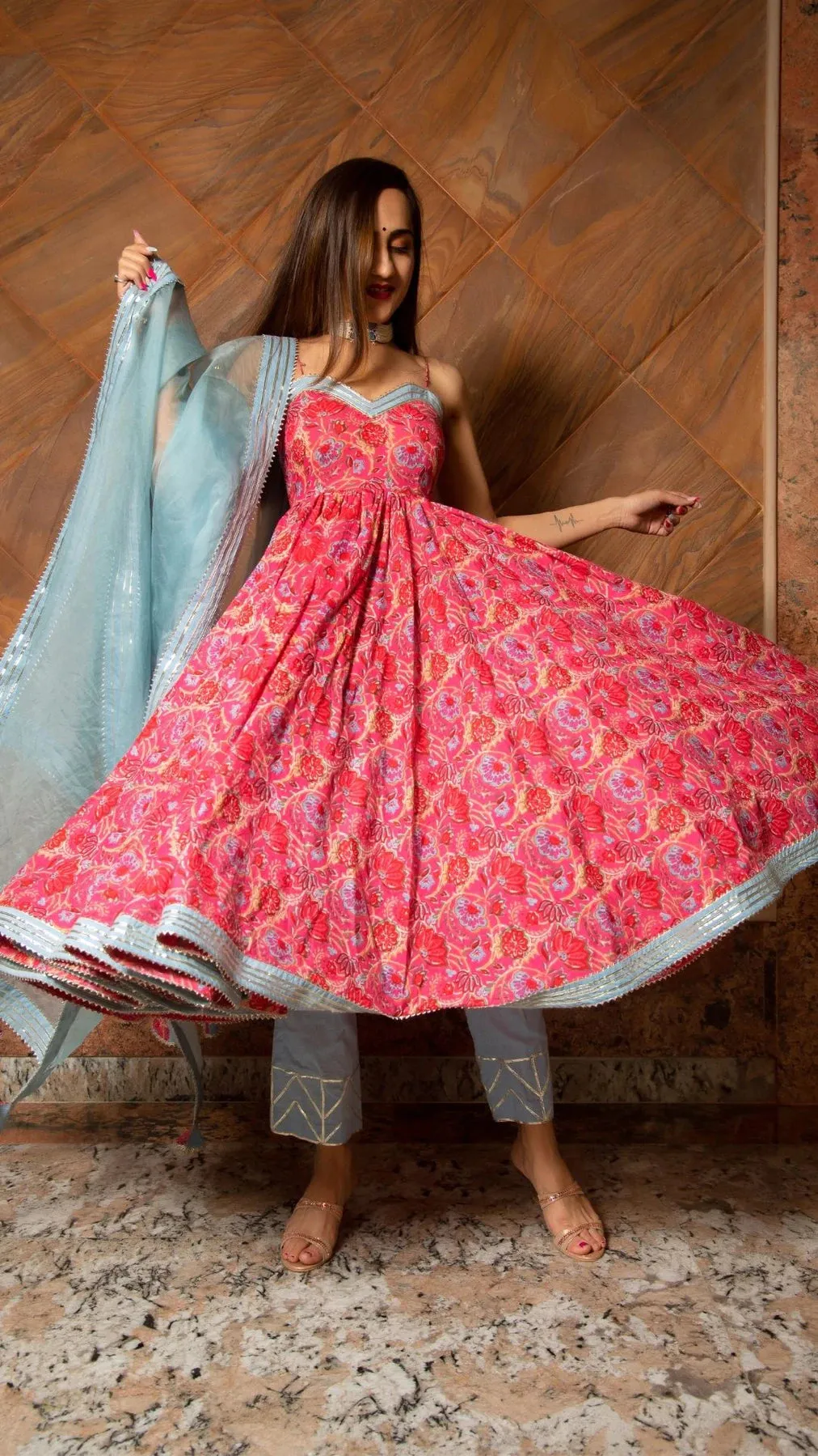 Cotton Pink Printed Anarkali Suit Set