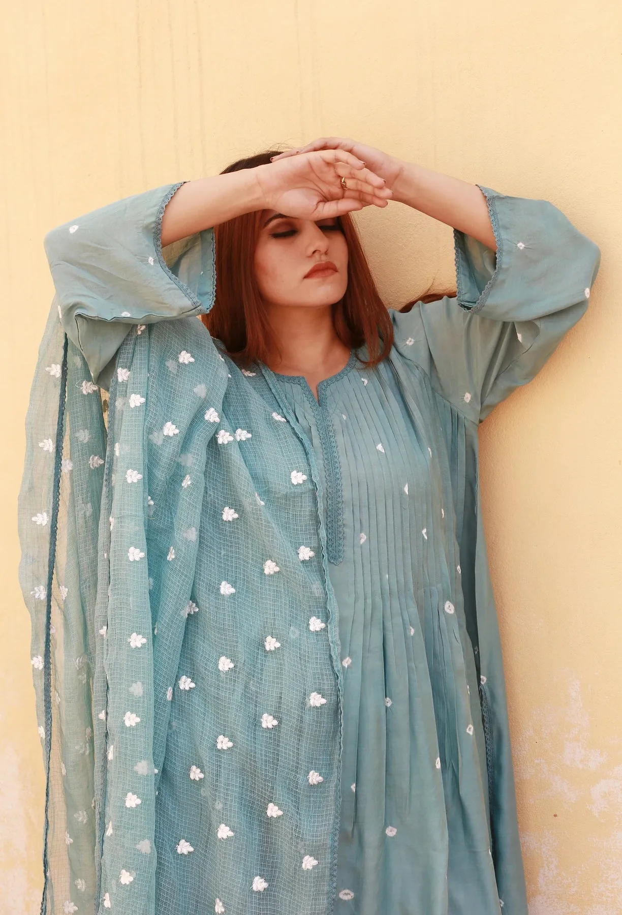 Cotton Sky Blue Printed Suit Set with Doriya Dupatta