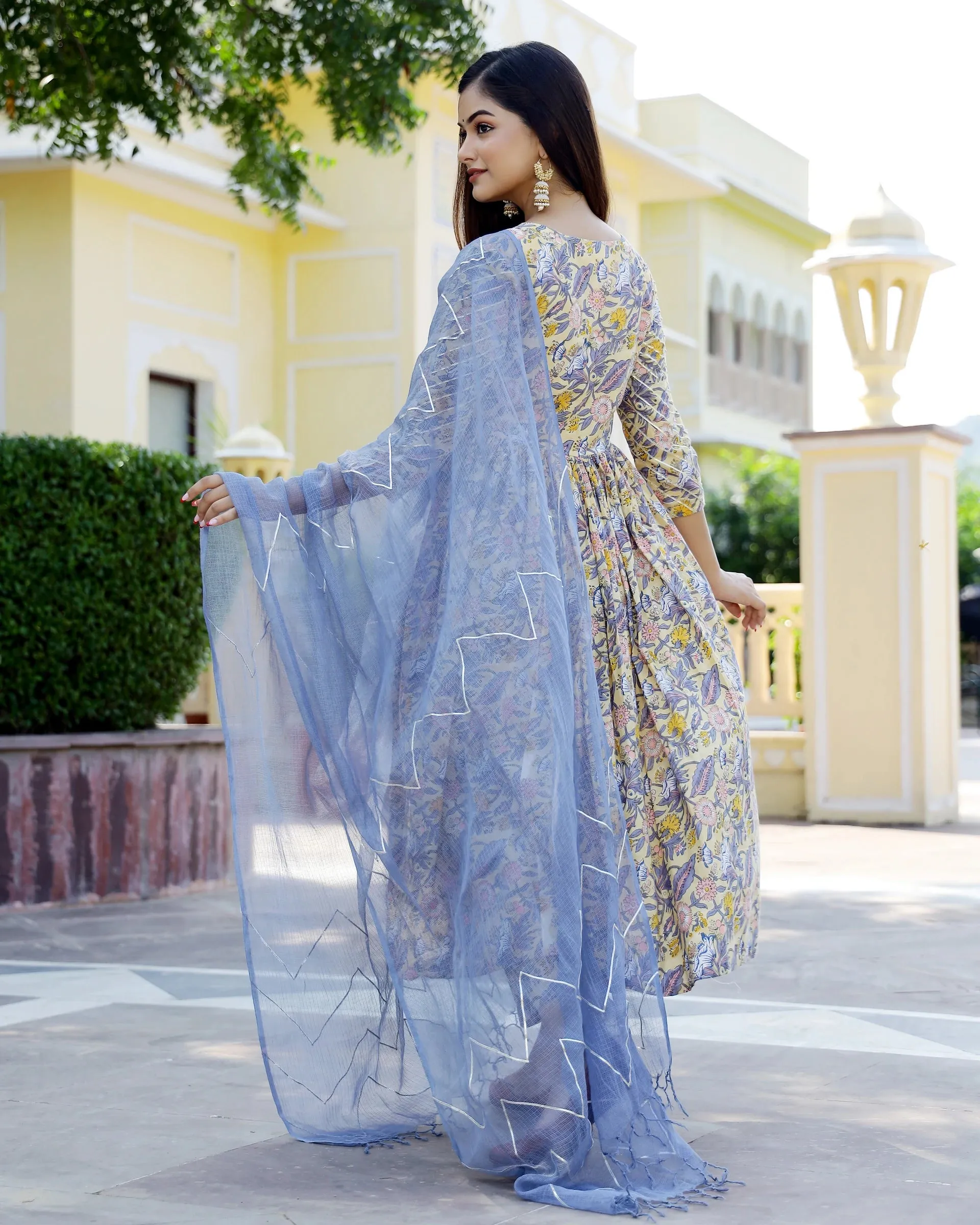Cotton Yellow & Grey Hand Block Print Anarkali Kurta Set