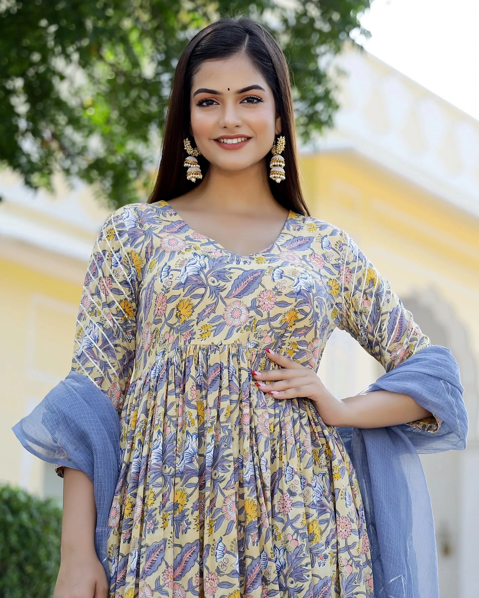 Cotton Yellow & Grey Hand Block Print Anarkali Kurta Set