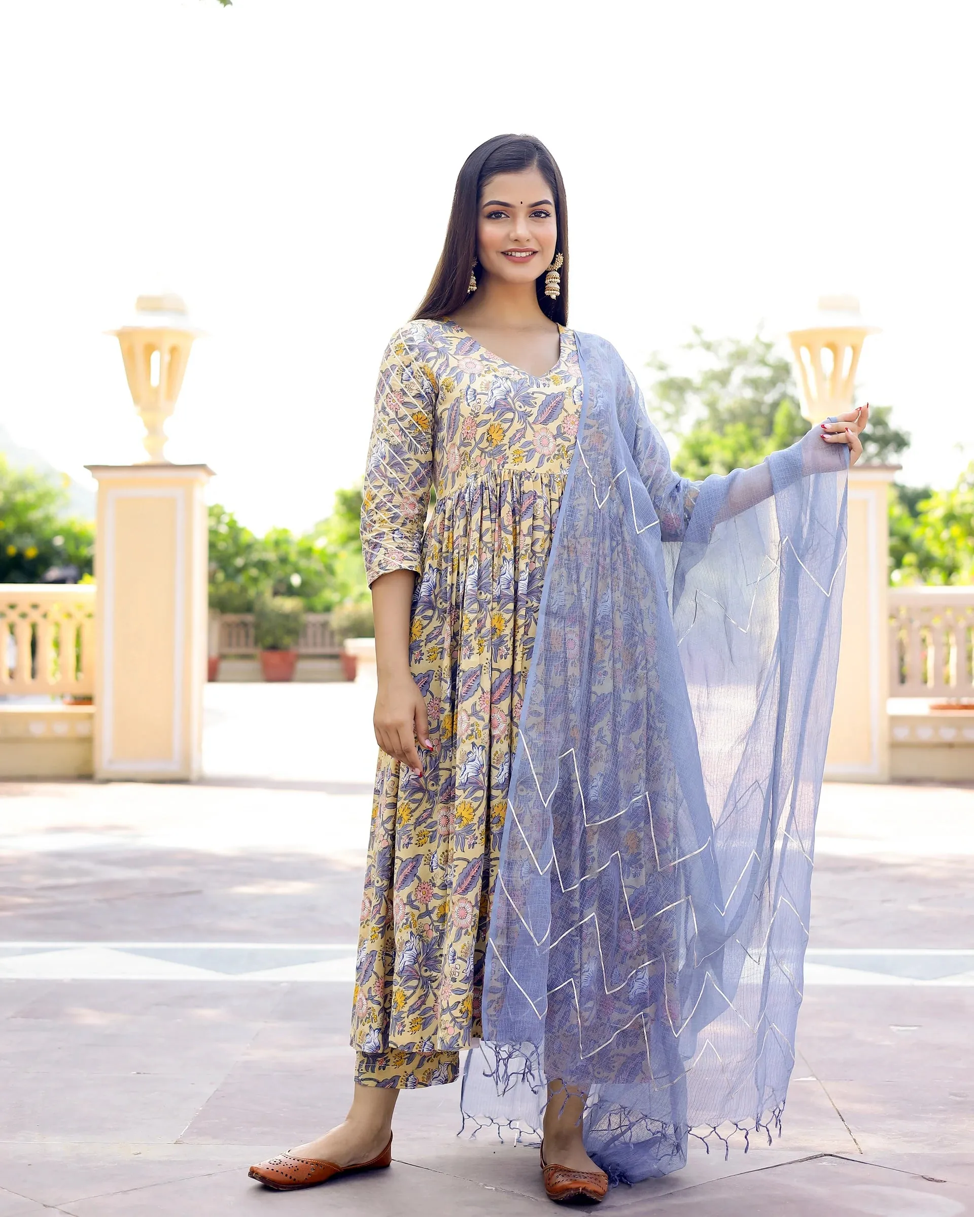 Cotton Yellow & Grey Hand Block Print Anarkali Kurta Set