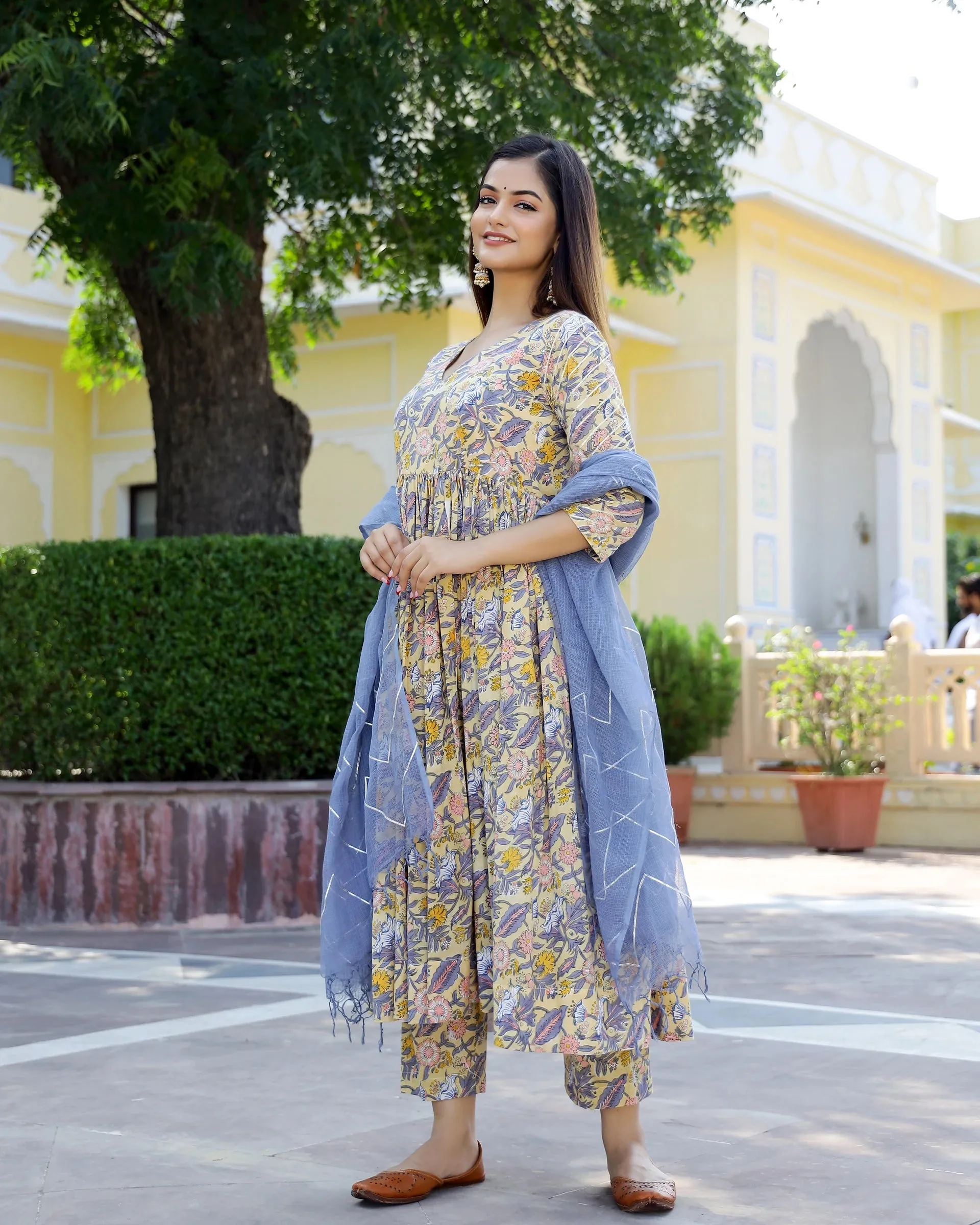 Cotton Yellow & Grey Hand Block Print Anarkali Kurta Set