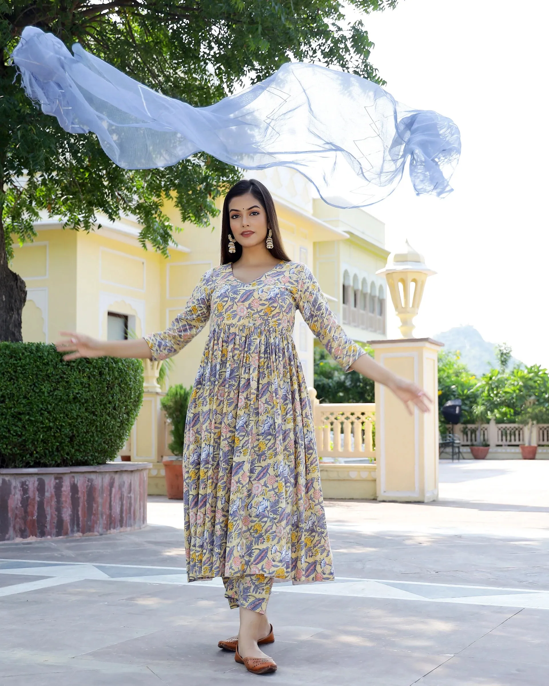 Cotton Yellow & Grey Hand Block Print Anarkali Kurta Set
