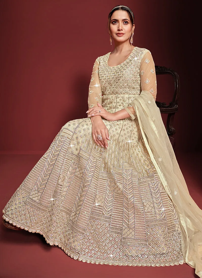 Cream Beige Sequence Embroidery Festive Anarkali Gown