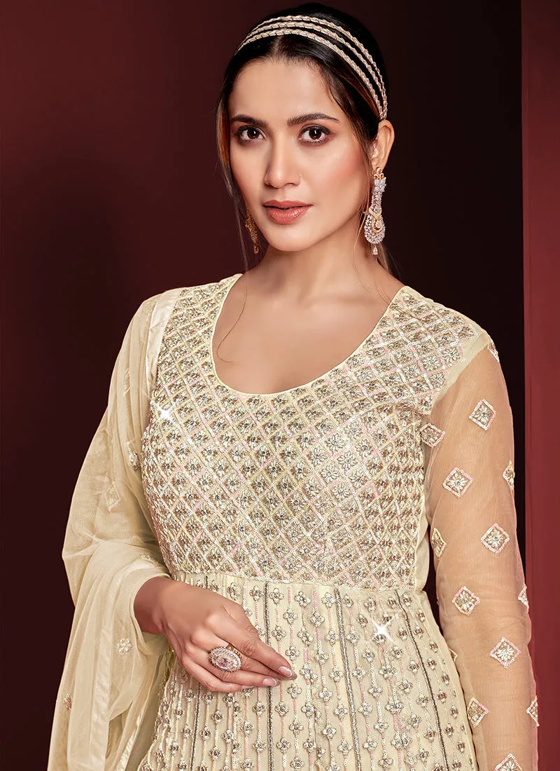 Cream Beige Sequence Embroidery Festive Anarkali Gown