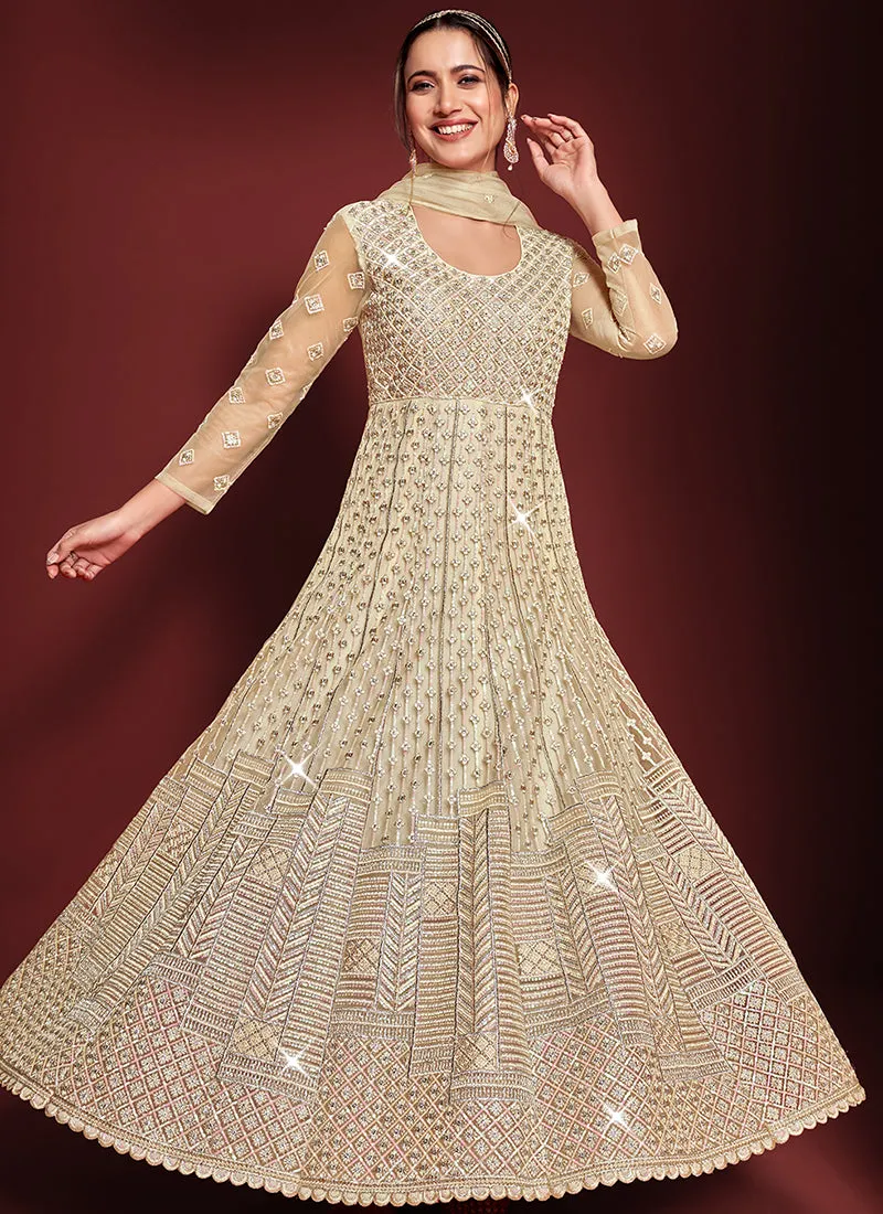 Cream Beige Sequence Embroidery Festive Anarkali Gown