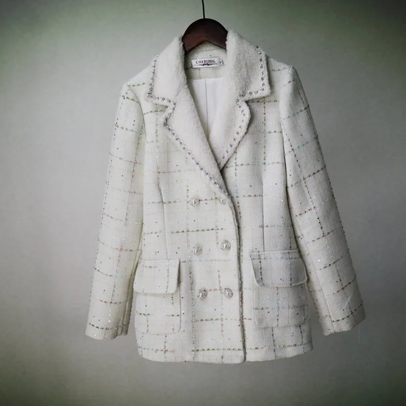 CUSTOM MADE Sequined Check Tweed Jacket Coat Blazer