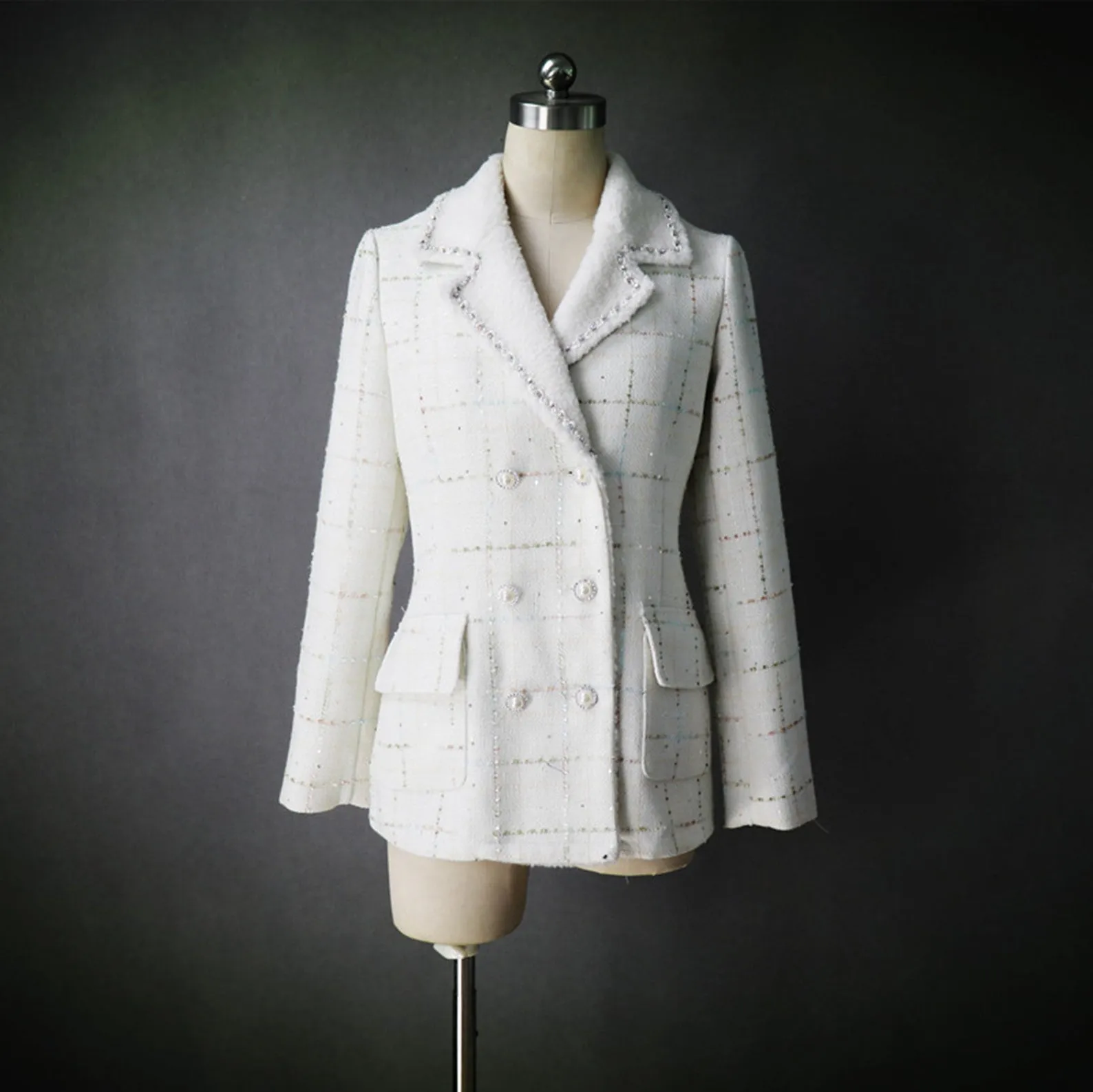 CUSTOM MADE Sequined Check Tweed Jacket Coat Blazer