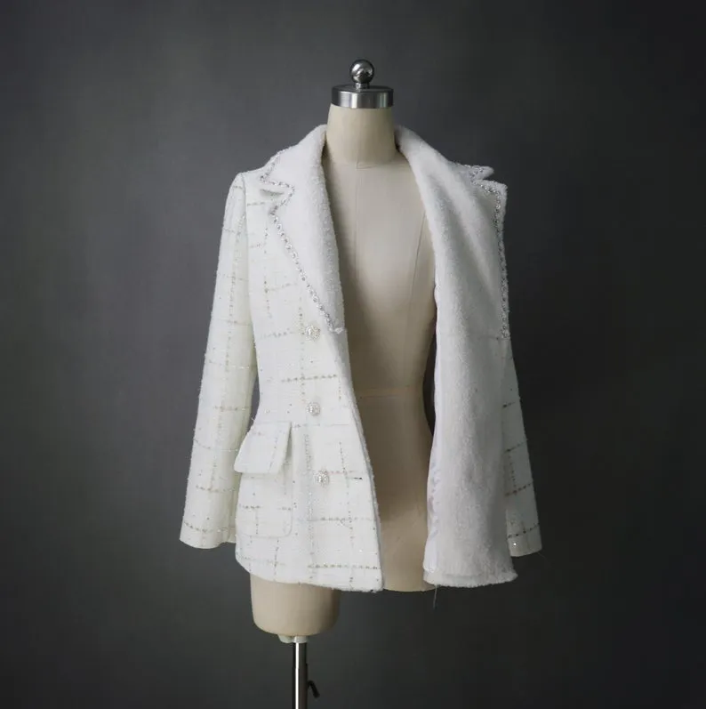 CUSTOM MADE Sequined Check Tweed Jacket Coat Blazer