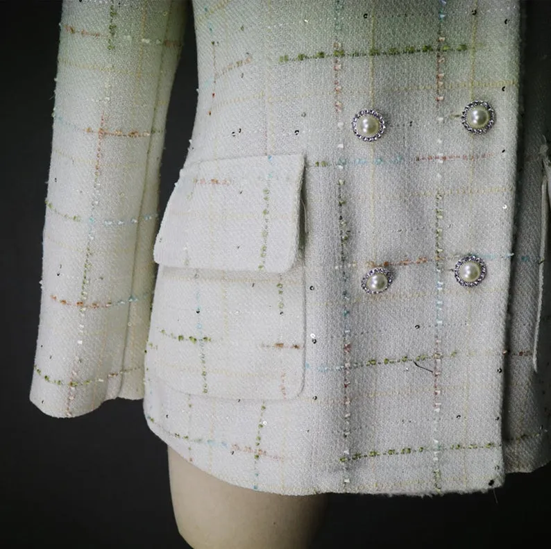 CUSTOM MADE Sequined Check Tweed Jacket Coat Blazer
