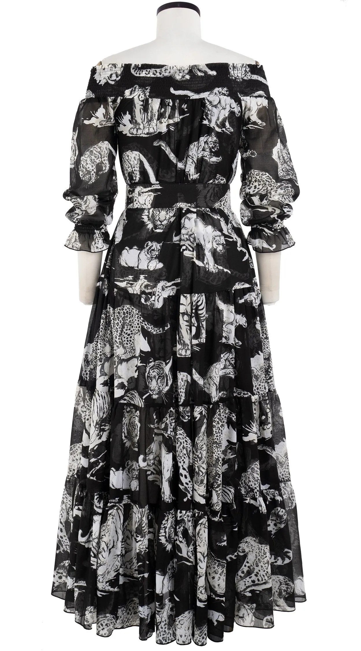 Eden Dress #2 Smock Shoulder 3/4 Sleeve with Hamilton Belt Maxi Length Cotton Musola (Tiger Toile Bright)