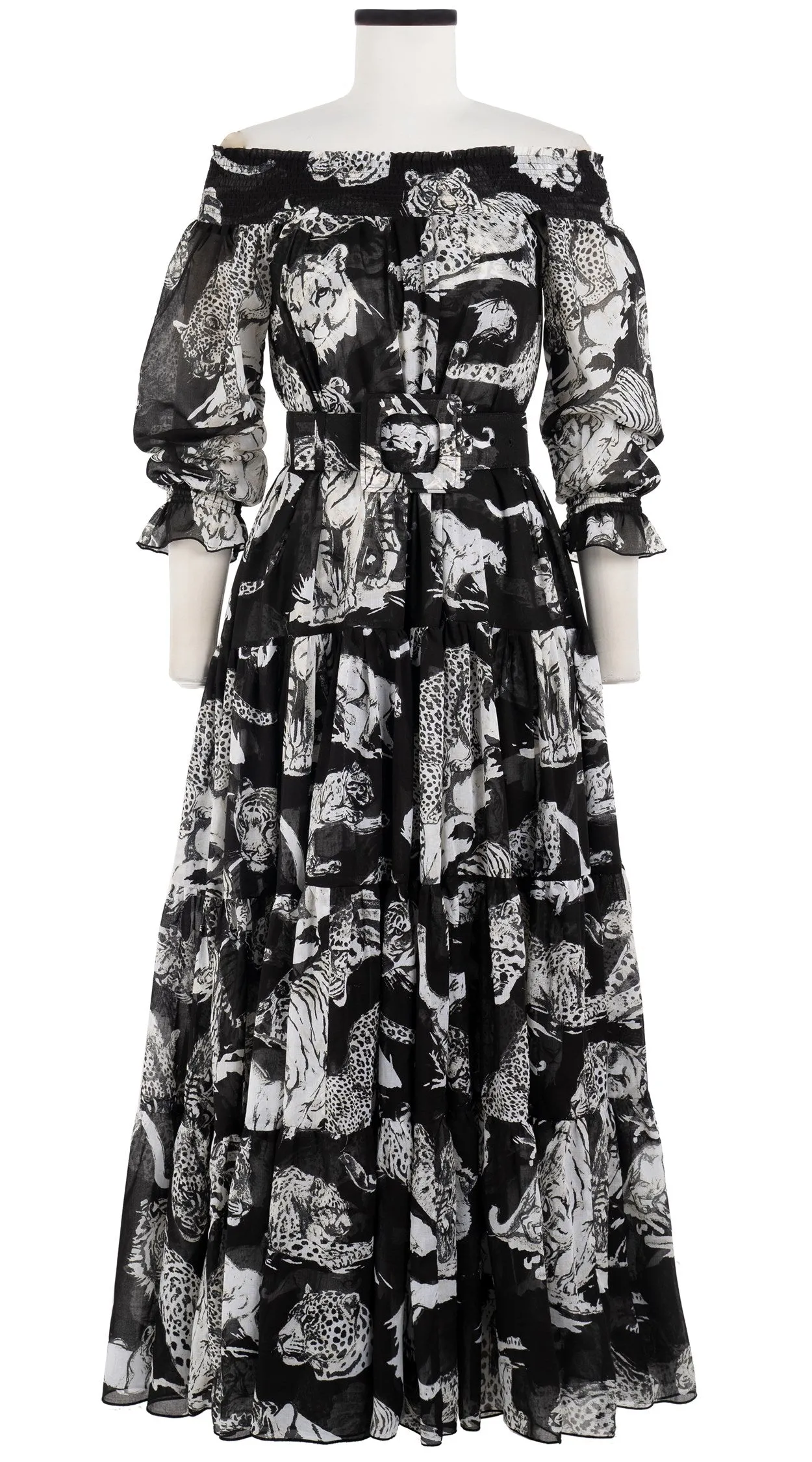 Eden Dress #2 Smock Shoulder 3/4 Sleeve with Hamilton Belt Maxi Length Cotton Musola (Tiger Toile Bright)