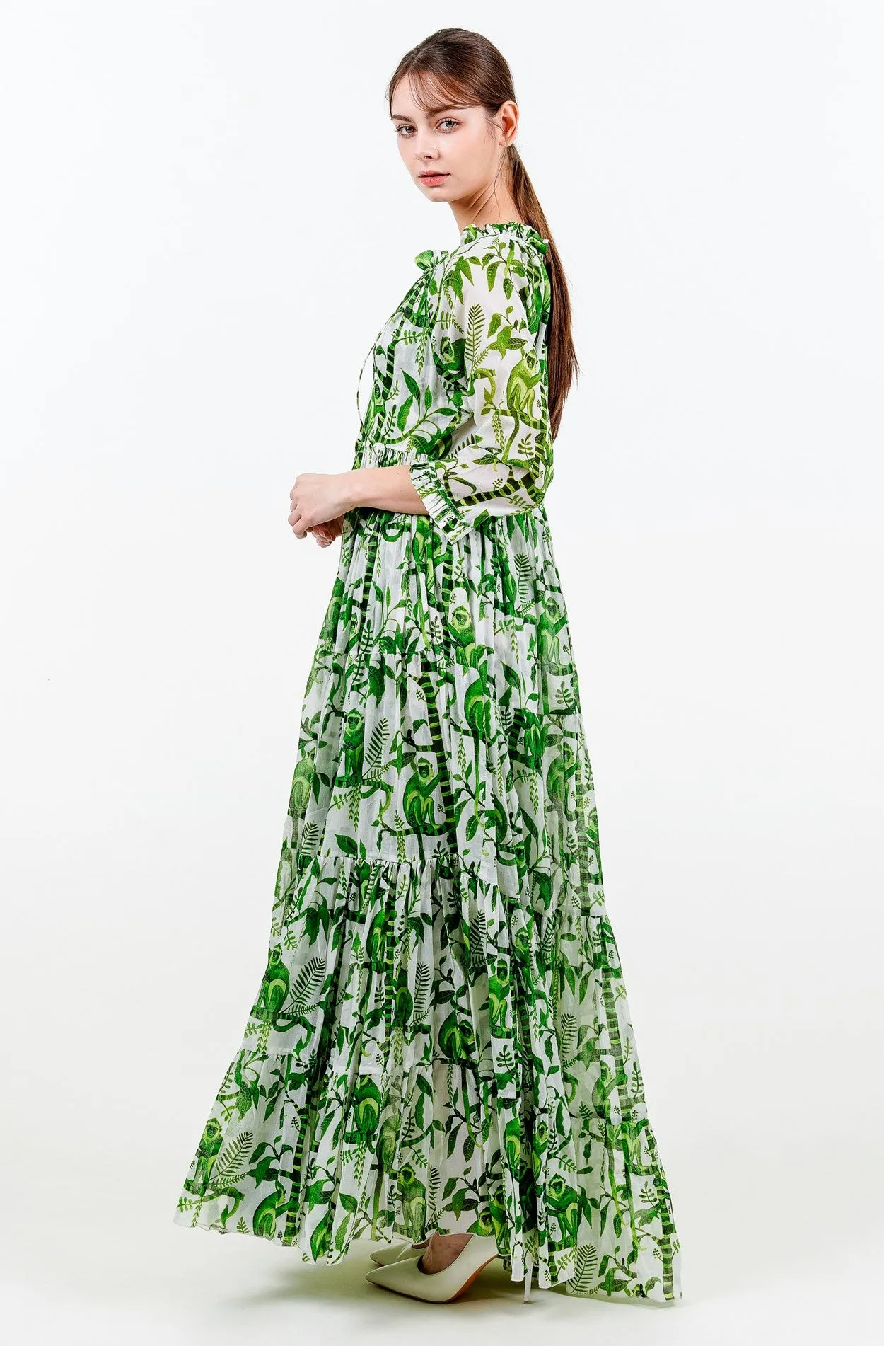 Eden Dress Crew Neck 3/4 Sleeve with Hamilton Belt Maxi Length Cotton Musola (Botanical Monkey)