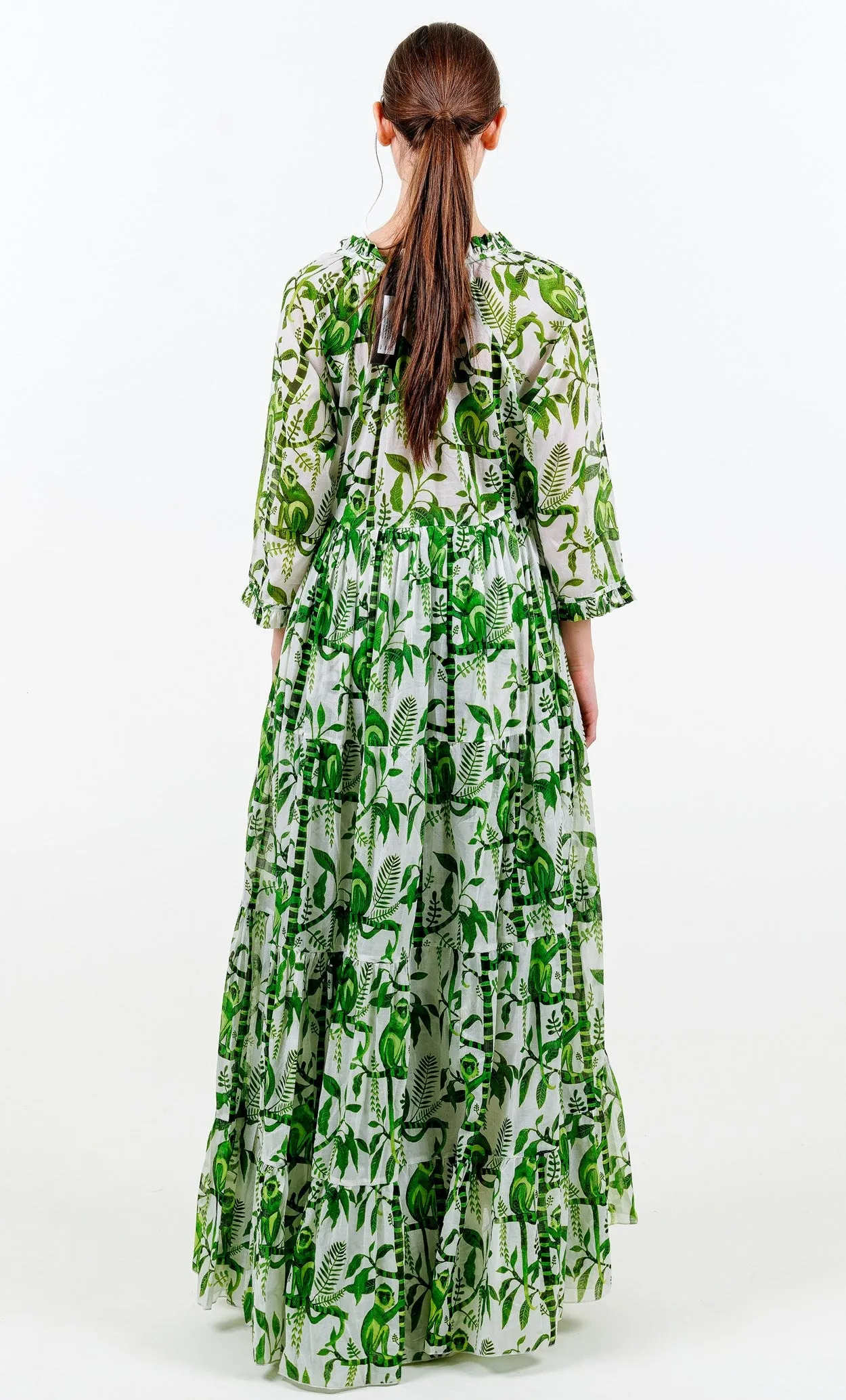 Eden Dress Crew Neck 3/4 Sleeve with Hamilton Belt Maxi Length Cotton Musola (Botanical Monkey)