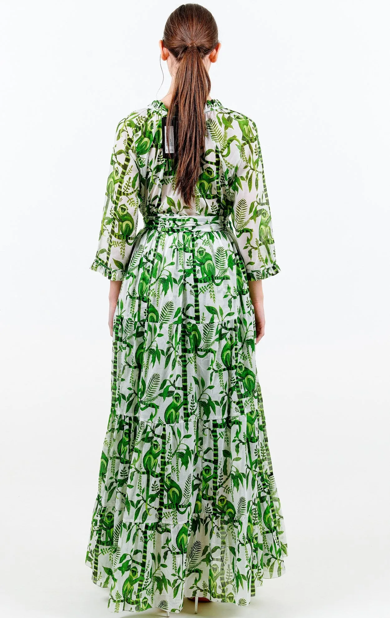 Eden Dress Crew Neck 3/4 Sleeve with Hamilton Belt Maxi Length Cotton Musola (Botanical Monkey)