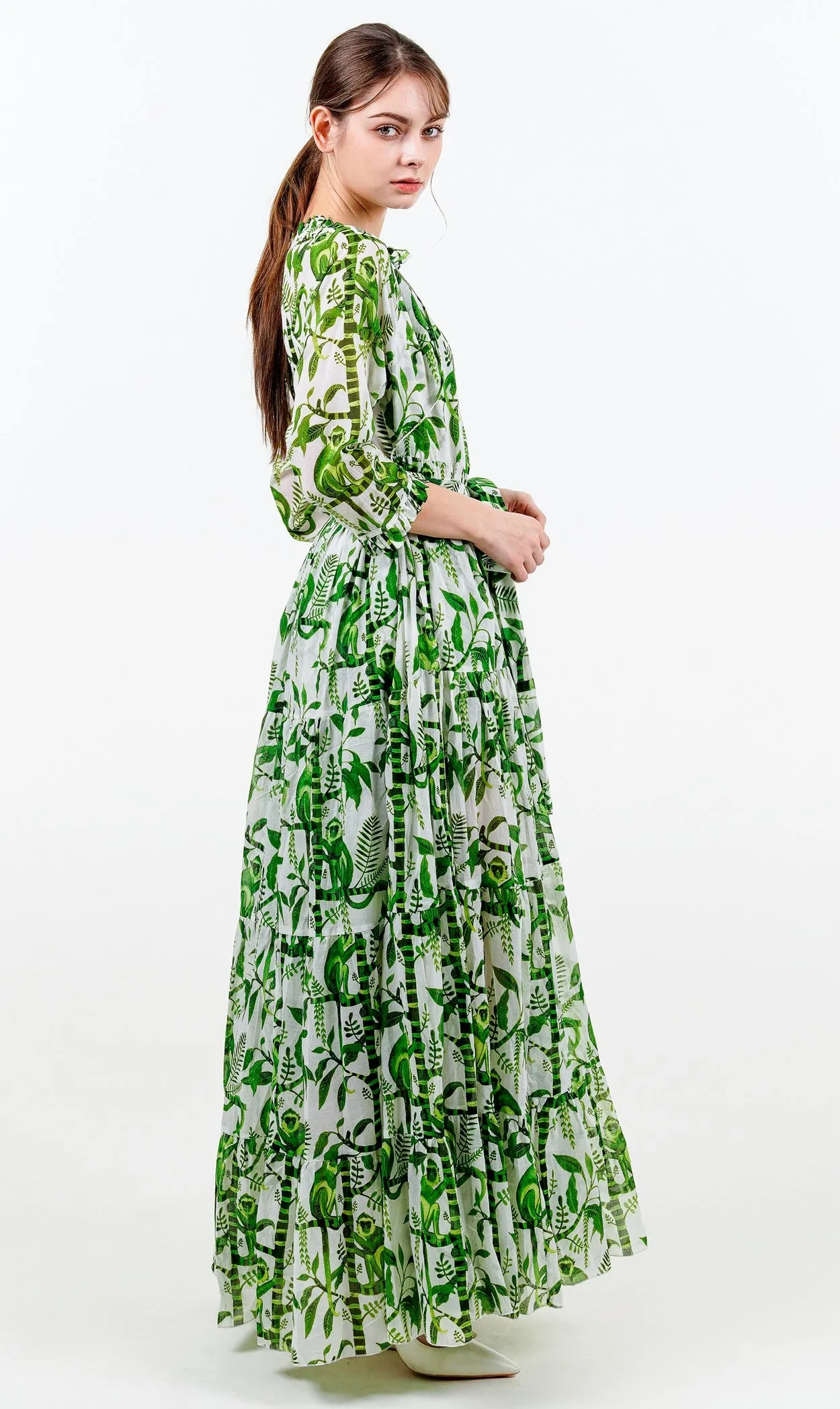 Eden Dress Crew Neck 3/4 Sleeve with Hamilton Belt Maxi Length Cotton Musola (Botanical Monkey)