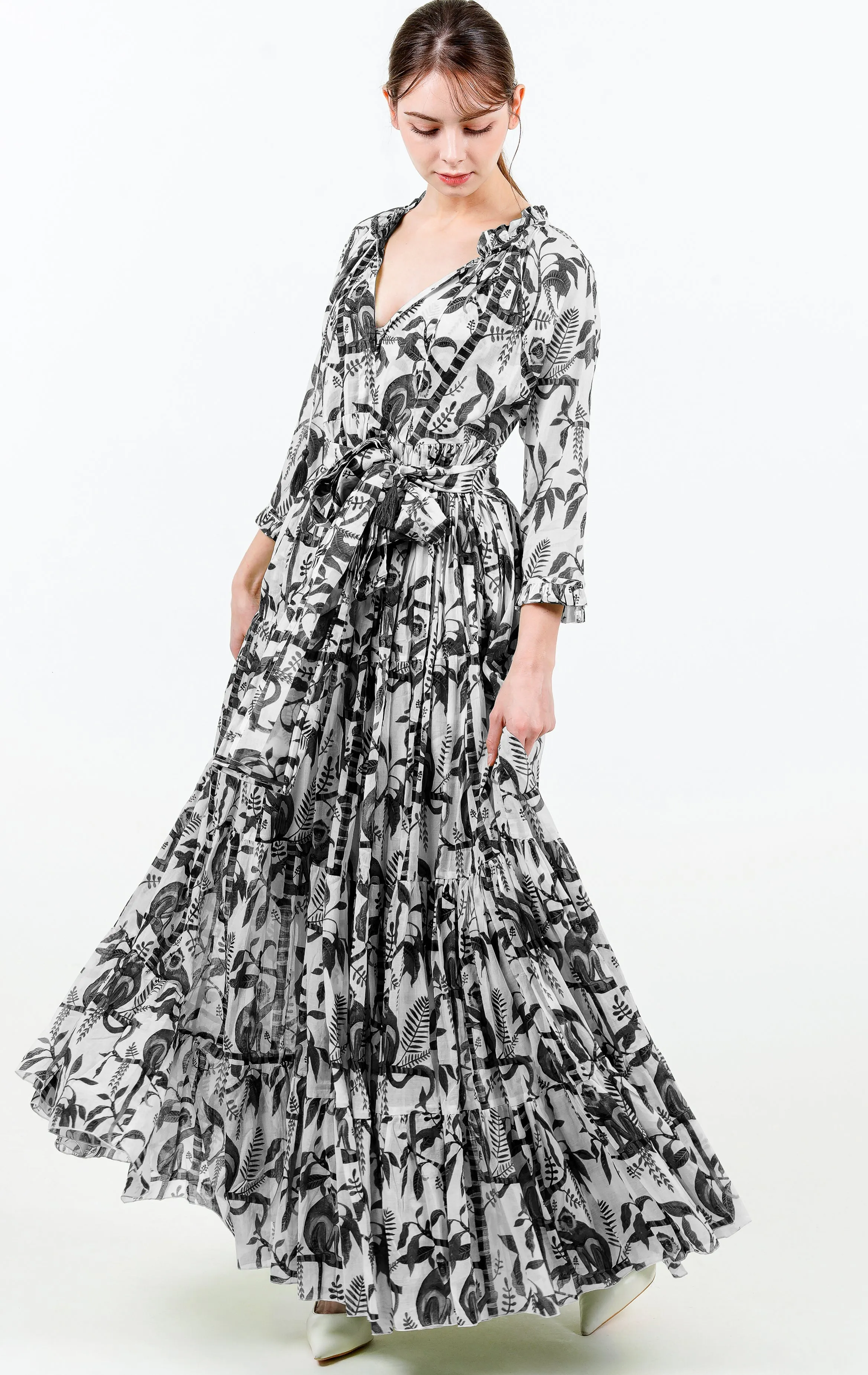 Eden Dress Crew Neck 3/4 Sleeve with Hamilton Belt Maxi Length Cotton Musola (Botanical Monkey)