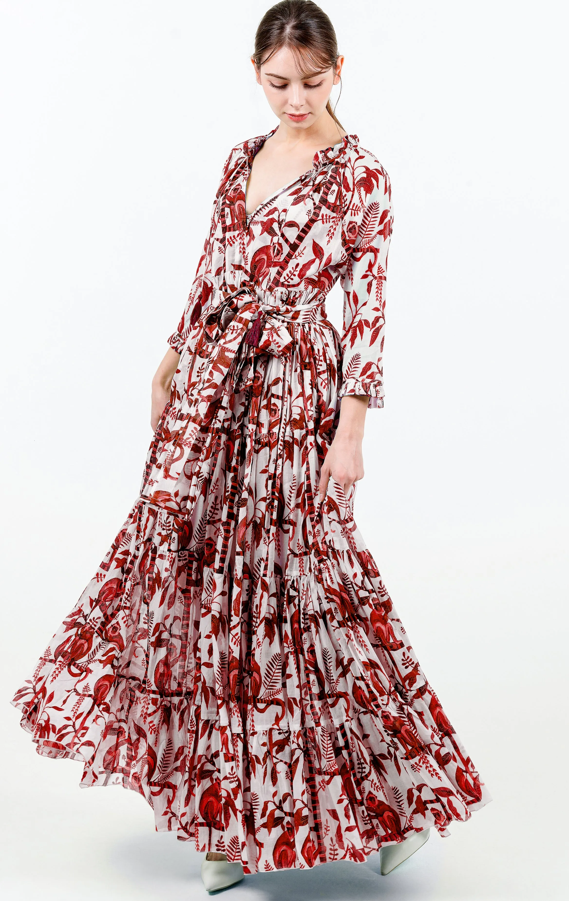 Eden Dress Crew Neck 3/4 Sleeve with Hamilton Belt Maxi Length Cotton Musola (Botanical Monkey)