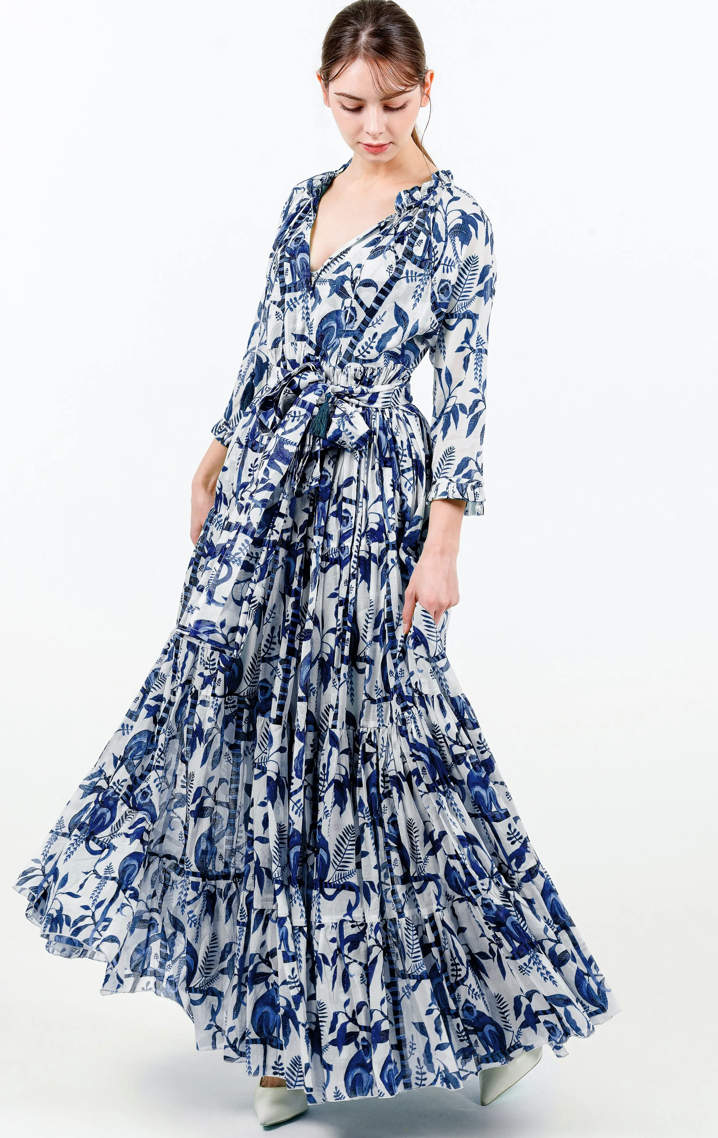 Eden Dress Crew Neck 3/4 Sleeve with Hamilton Belt Maxi Length Cotton Musola (Botanical Monkey)