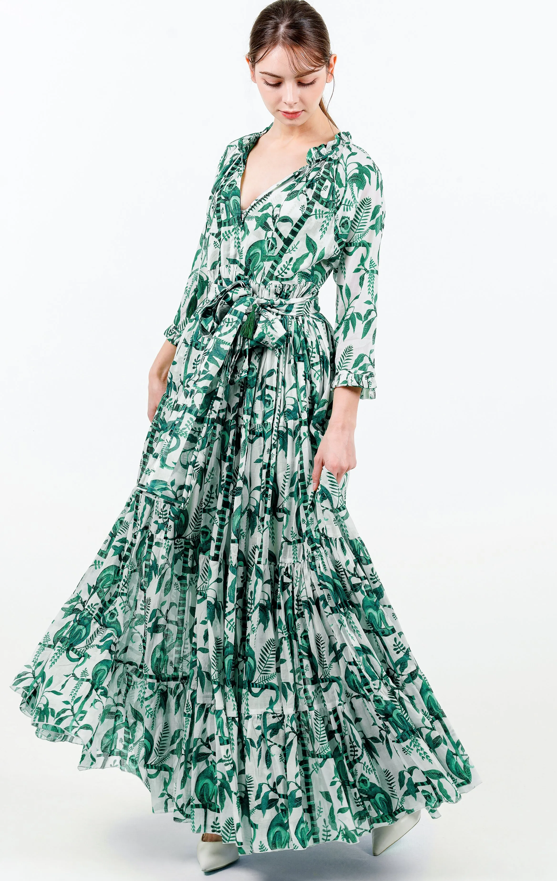 Eden Dress Crew Neck 3/4 Sleeve with Hamilton Belt Maxi Length Cotton Musola (Botanical Monkey)